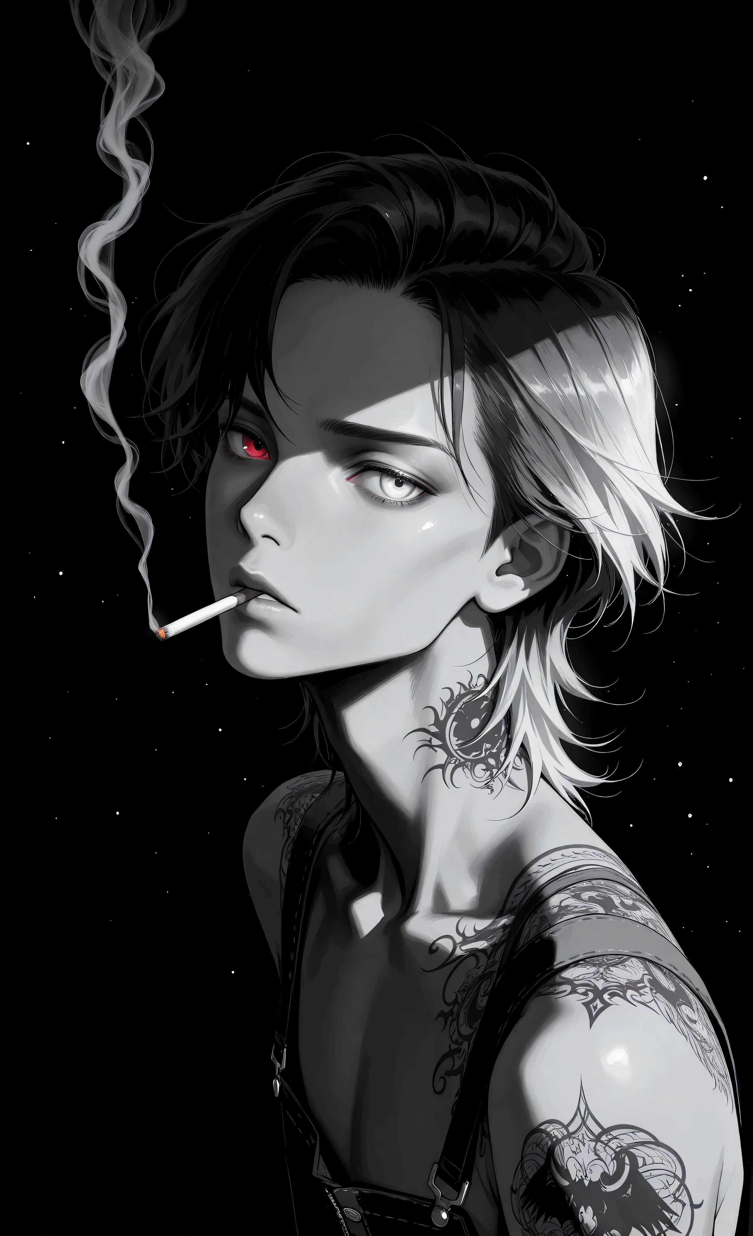 (a masterpiece:1.3, 8k:1.3, Highest quality:1.3, Detail:1.3, High resolution:1.3, digital painting, ultra detailed, view from above), (highly detailed eyes and face, Details are clear, upper body), (anime style, dark fantasy, male focus, the emphasis on the face, detailed illustration, tattoos, intricate details, mysterious atmosphere, smoke, ethereal, captivating ambiance, soft shadows, dark fantasy, waist-, half-body, , dark color palette, dark fantasy, male, tattoo, vibrant accents, cinematic lighting), (dark background, high contrast, dramatic lighting, simple background)dark background. stylized, Manga-inspired artwork., red eyes, white eyes, heterochromia, shining, shining_effect, sparkling, particles, glitter_effect, light_particles, glitter, glitter_effect, bokeh, light_boke, light_reflection,) A stylized, grayscale portrait of a young, possibly Asian man in his late teens or early twenties, rendered in a manga or anime style. He's shown in a three-quarter profile view, looking slightly upwards and to his right with a serious, almost contemplative expression straight at the viewer. His hair is thick, dark, and tousled, framing his face. The man's facial features are sharp, with high cheekbones and a defined jawline. His eyes are detailed and expressive. There's a cigarette in my mouth. He has a broad-shouldered, fit. He's wearing no clothing, but the image suggests a simple garment, his shoulders and upper back are exposed. Circular, stitch-like For bites are visible on his upper back. The background is solid black, providing a stark contrast to the figure and emphasizing his form. The lighting is focused, casting shadows that add depth and definition to the character's features. The overall atmosphere is one of quiet intensity.