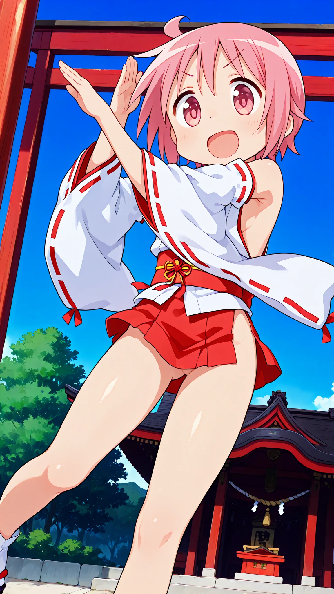nonohara yuzuko, pink hair, short hair,(ahoge), pink eyes,bangs,((anime style)),score_9, score_8_up, score_7_up, source_anime,solo,1girl, ((miko)), white tabi,black okobo, (((((mini slit red skirt))))),((Obi)) ,((Obi knot)), (flat chest) , ((side boob)) , (No panties) , ((exposed shoulders)) ,((detached white sleeves)),(ribbon-trimmed sleeves),happy,((Shrine grounds)),((blue sky)),((knees up))
,v-shaped eyebrows,looking at viewers,(((glimpse of her thighs))),(standing),((henshin pose))
