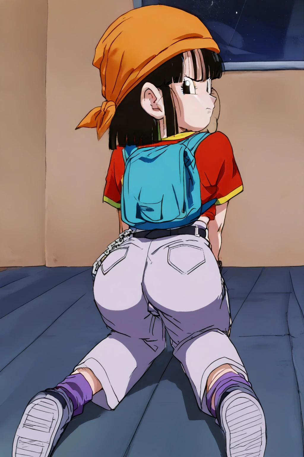 score_9, score_8_Excellent, score_7_Excellent, アニメ,, armpit hair,  focus, huge , sitting, panties partially removed, , uncensored, , Videl / Dragon Ball Z Low-set pigtails Tight black sports half-tights Torn sports half-tights Black hair