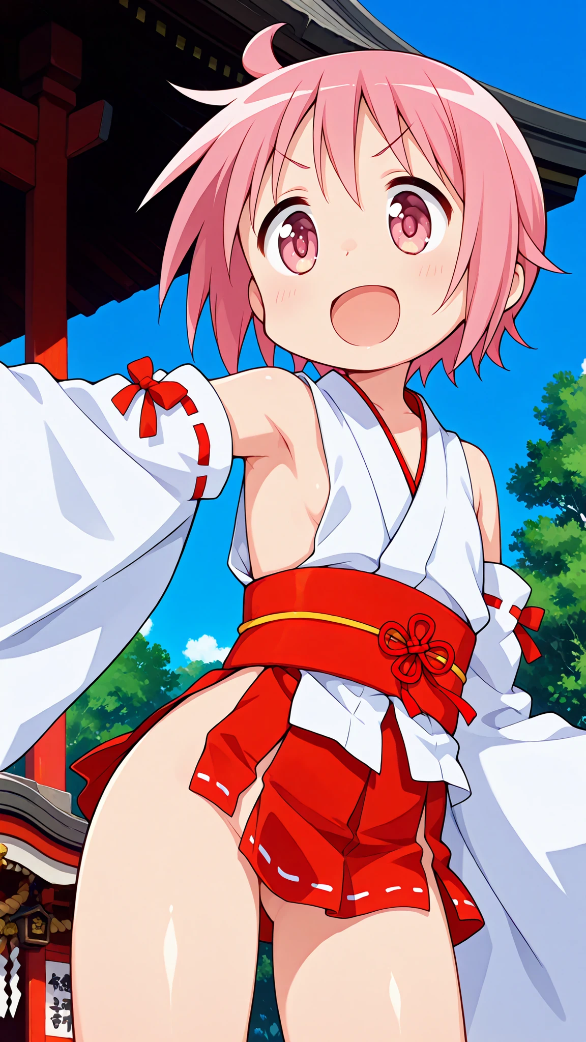 nonohara yuzuko, pink hair, short hair,(ahoge), pink eyes,bangs,((anime style)),score_9, score_8_up, score_7_up, source_anime,solo,1girl, ((miko)), white tabi,black okobo, (((((mini slit red skirt))))),((Obi)) ,((Obi knot)), (flat chest) , ((side boob)) , (No panties) , ((exposed shoulders)) ,((detached white sleeves)),(ribbon-trimmed sleeves),happy,((Shrine grounds)),((blue sky)),
,v-shaped eyebrows,looking at viewers,((((glimpse of her thighs)))),(standing),((henshin pose))
