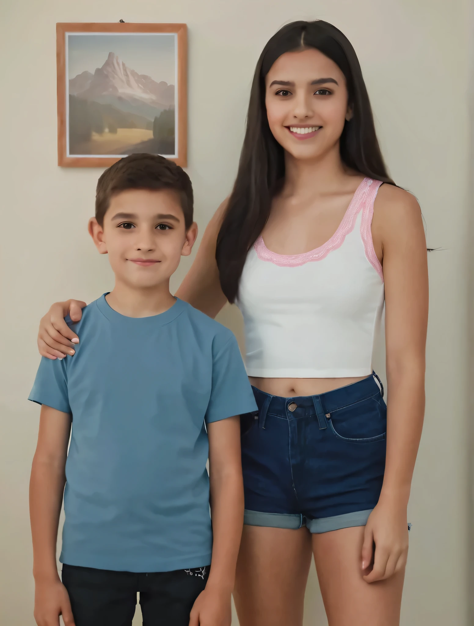 A photorealistic studio-style portrait of two siblings indoors against a light-colored wall with a framed mountain painting. The younger boy, around 10 years old, has short brown hair, fair skin, and is wearing a light blue T-shirt and dark shorts, smiling naturally. The older girl, around 18 years old, has long straight dark hair, fair skin, and is wearing a white sleeveless crop top with pink trim and high-waisted denim shorts. She has her arm gently around his shoulders. Both are smiling happily, sharp focus, natural lighting, high detail, realistic proportions.,analog style,8k,photoralistic