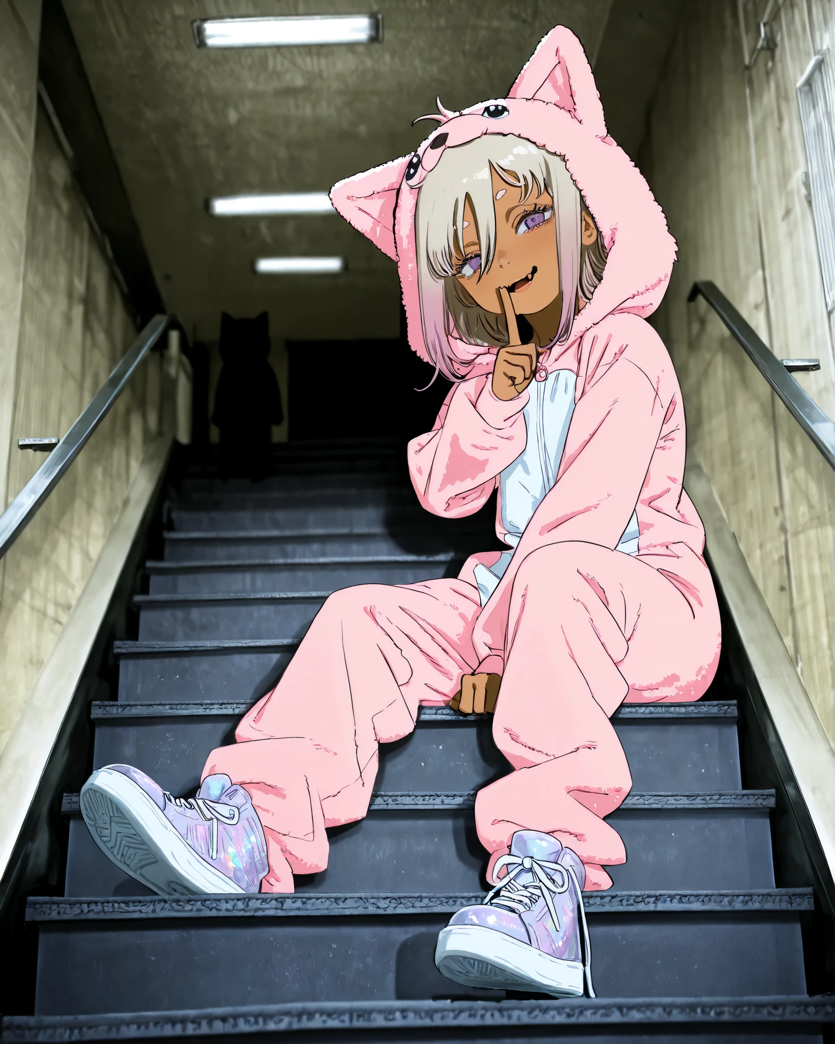 fujimoto,((FujimotoMangaStyle)), ((Fujimoto Tatsuki style)), ((Masterpiece)), ((best quality, amazing quality)), ((very aesthetic, absurdres, newest)), ((detailed background, negative space, blurry background, depth of field, Asymmetrical background)), (drop shadow), (dynamic angle, wide shot, from below), ((1girl)), Cute young Girl, (Healthy Gaunt body, Textured skin, small breast, tilt head), ((brown-skin)), Glossy hair, (hair between eyes, long bangs, long side bangs), (medium hair, platinum-gold hair, unruly hair, gradient hair), ((seductive smile, open mouth)), skin fang, (pale purple eyes, glitter eyes, gradient eyes, averting eyes, looking at side), big eyes, (short eyebrows), glossy lips, pouty lips, (lower eyelashes), under-eye bags, BREAK, ((Cute fluffy onesie, fuzzy onesie, foamy onesie, Kitten Costume onesie, Pastel-colored onesie)), (Thick-soled Sneakers, showing sole of Sneaker), Beautiful neckline, (shushing), (loose sitting on the external staircase of condominium, outstreched leg), under the fluorescent lamp, aged condominium, indoor, aged stairs, aged Handrail,