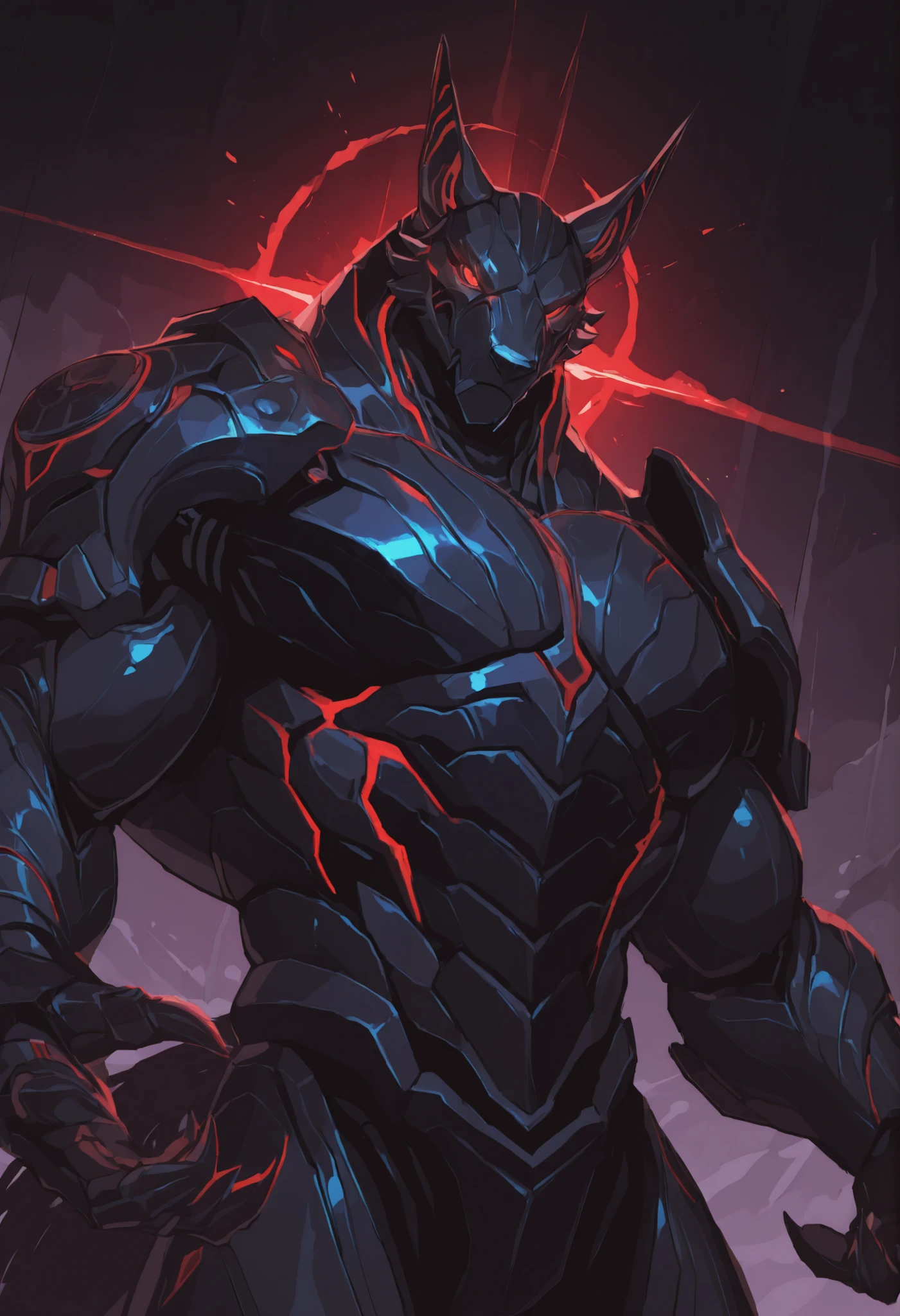 score_9, score_8_up, score_7_up, score_6_up, score_5_up, score_4_up, gigerworld, anthro jackal, wearing black waistcoat over heavy armor, bulky, wide chest
cybrog, anthro, jackal, male, Muscle, Delicate face, Delicate eyes, 1 big tail, (glowing LED), rubber goo body, crimson glowing eyes, black steel scales, black and evil armor, futuristic fantasy evil armor, heavy armor, snout-cover armored mask, faceless head, balanced physique, muscle-shaped armor, war machine, muscular physique, thick arms and legs, claws, warframe, cyborg, phyrexian

dnd, powerful pose, levitating, advanced and stylish design, dutch angle, portrait, upper body focus, detailed background, newest, extremely detailed CG unity 8k wallpaper, realistic, masterpiece, highest quality, masterpiece, highest quality, lens flare, unreal engine, trending on ArtStation, Intricate, High Detail, dramatic, beautiful and detailed lighting, shadows