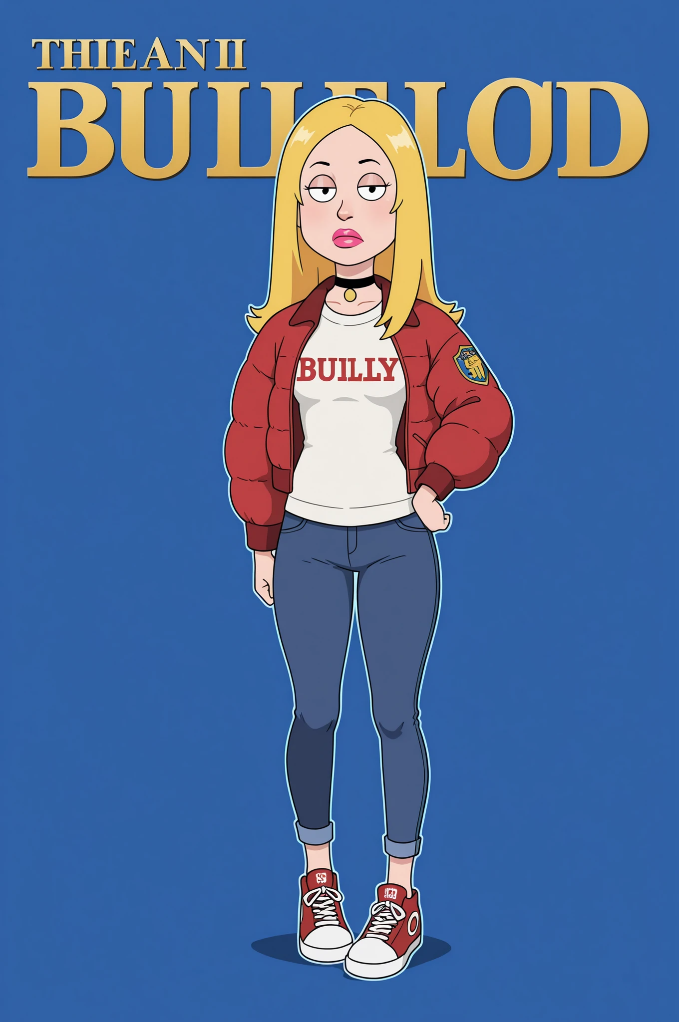 Francine Smith, looking at viewer, pink lipstick, choker, Blonde hair, small saggy breasts. long hair.|  Title: Display the title "Bully" in bold gold text, Times New Roman font main character: a man with a shaved head and a scar on the top of his head, wearing a puffy jacket with an emblem on it, tough-looking, sneakers, visual style: bullylsf1, blue background, outline, 2d, background is wallpaper of various,comic strips , jeans, shirt, sweater