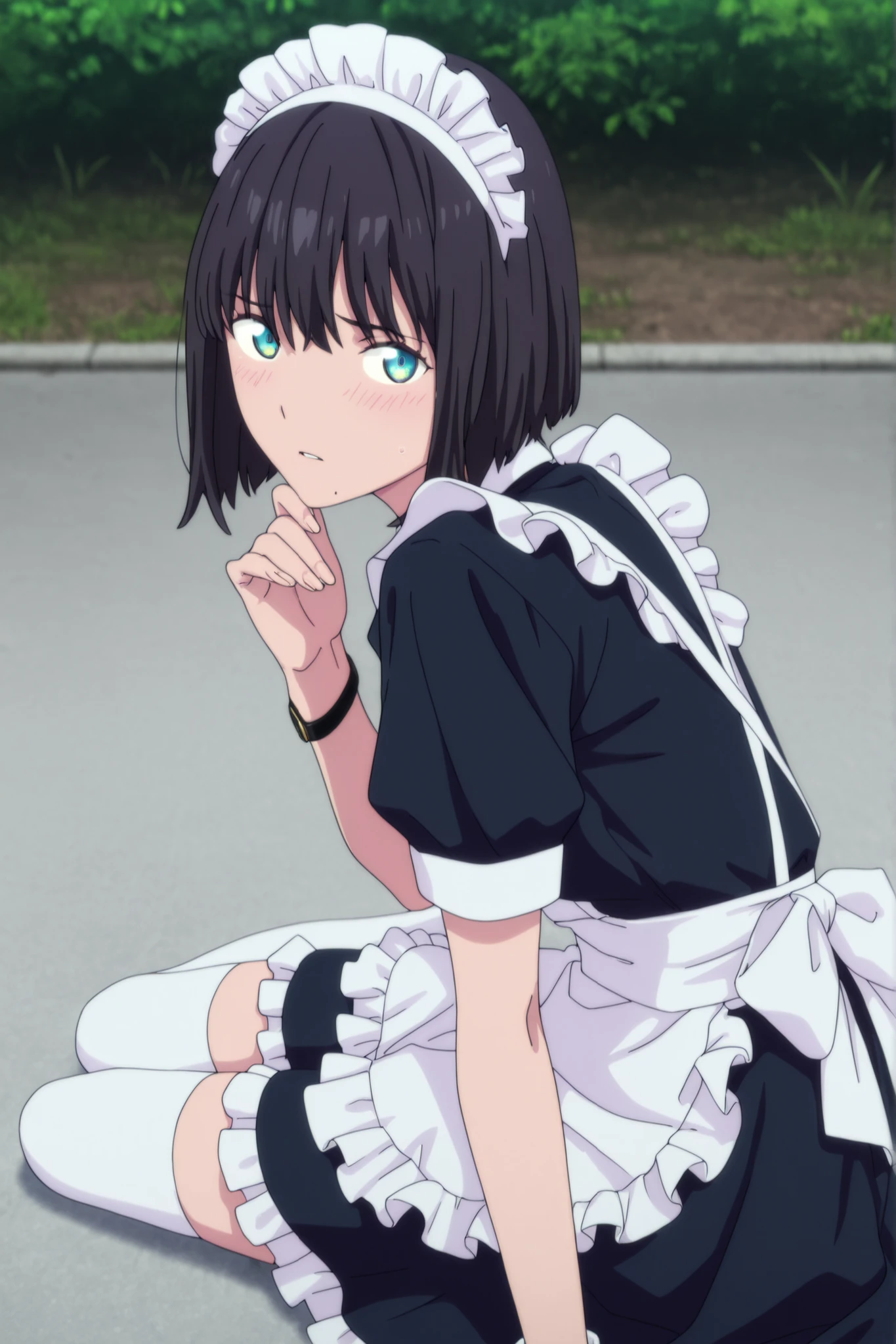 masterpiece, best quality, amazing quality, highres, absurdres, very aesthetic, high resolution, ultra detailed, perfect details, ufotable style, 1girl, solo, outdoors, , (detailed background:1.2),from above, from side,(long sideburns), (flipped hair),inverted bob, ((black hair)), long bangs,  medium hair, (green blue eyes),(detailed beutiful eyes), bracelet,(maid clothing), half-sleeve, skirt, white thighhighs,(small breasts, ), <lora:Akane_Shinjo_ILXL:0.8>,, ((aged up:1.5)),(), looking at viewer, (anime coloring), , pose, embarrassed, parted lips,  wrist watch, sitting, yokozuwari, slim body, slender body, slim arms, light skin, one mole, mole under mouth, ((covering private)),(bent over),