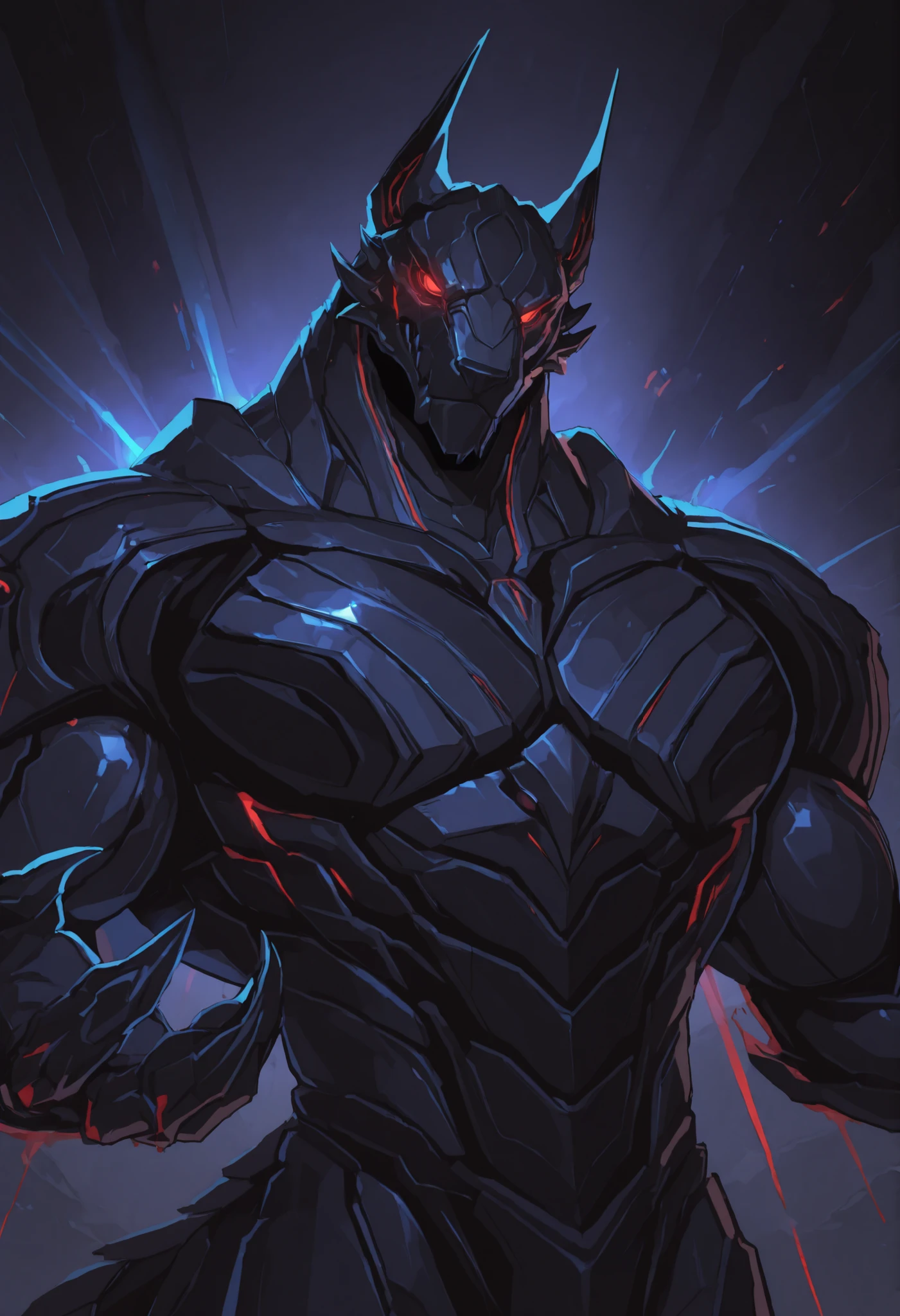 score_9, score_8_up, score_7_up, score_6_up, score_5_up, score_4_up, gigerworld, anthro jackal, wearing black waistcoat over heavy armor, bulky, wide chest
cybrog, anthro, jackal, male, Muscle, Delicate face, Delicate eyes, 1 big tail, (glowing LED), rubber goo body, crimson glowing eyes, black steel scales, black and evil armor, futuristic fantasy evil armor, heavy armor, snout-cover armored mask, faceless head, balanced physique, muscle-shaped armor, war machine, muscular physique, thick arms and legs, claws, warframe, cyborg, phyrexian
dnd, powerful pose, levitating, advanced and stylish design, dutch angle, portrait, upper body focus, detailed background, newest, extremely detailed CG unity 8k wallpaper, realistic, masterpiece, highest quality, masterpiece, highest quality, lens flare, unreal engine, trending on ArtStation, Intricate, High Detail, dramatic, beautiful and detailed lighting, shadows