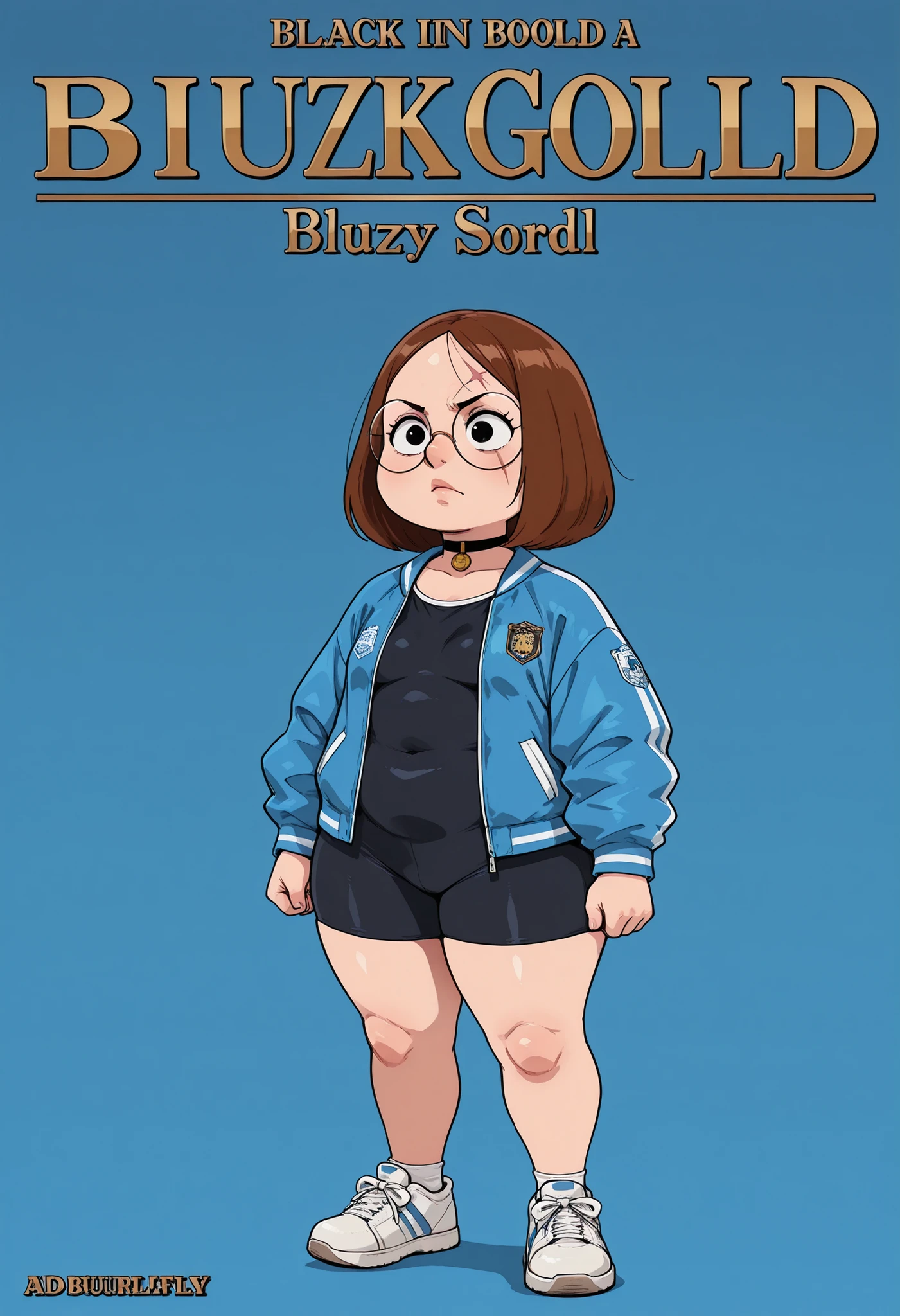 Meg Griffin. brown hair. medium hair . black eyes . small breasts, huge hips . chubby. choker . | Title: Display the title "Bully" in bold gold text, Times New Roman font main character: a man with a shaved head and a scar on the top of his head, wearing a puffy jacket with an emblem on it, tough-looking, sneakers, visual style: bullylsf1, blue background, outline, 2d, background is wallpaper of various comic strips