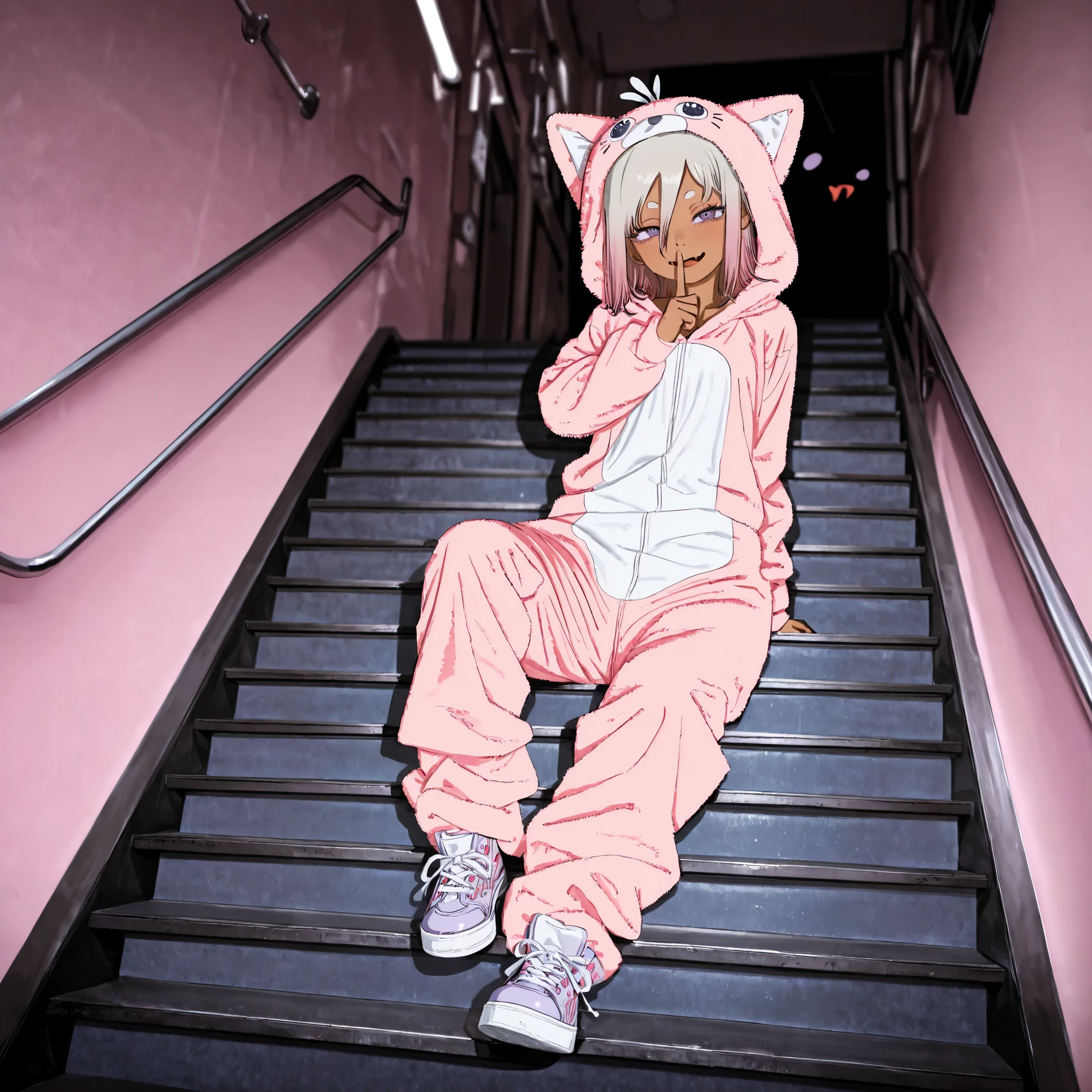 fujimoto,((FujimotoMangaStyle)), ((Fujimoto Tatsuki style)), ((Masterpiece)), ((best quality, amazing quality)), ((very aesthetic, absurdres, newest)), ((detailed background, negative space, blurry background, depth of field, Asymmetrical background)), (drop shadow), (dynamic angle, wide shot, from below), ((1girl)), Cute young Girl, (Healthy Gaunt body, Textured skin, small breast, tilt head), ((brown-skin)), Glossy hair, (hair between eyes, long bangs, long side bangs), (medium hair, platinum-gold hair, unruly hair, gradient hair), ((seductive smile, open mouth)), skin fang, (pale purple eyes, glitter eyes, gradient eyes, averting eyes, looking at side), big eyes, (short eyebrows), glossy lips, pouty lips, (lower eyelashes), under-eye bags, BREAK, ((Cute fluffy onesie, fuzzy onesie, foamy onesie, Kitten Costume onesie, Pastel-colored onesie)), (Thick-soled Sneakers, showing sole of Sneaker), Beautiful neckline, (shushing), (loose sitting on the external staircase of condominium, outstreched leg), under the fluorescent lamp, aged condominium, indoor, aged stairs, aged Handrail,