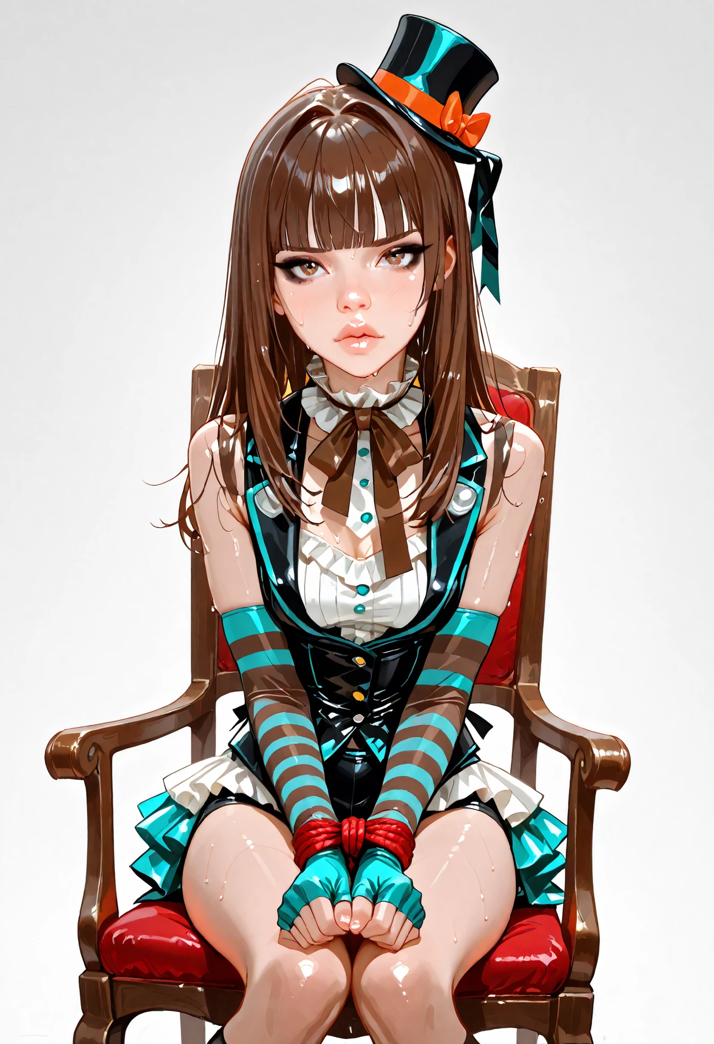 ((girl tied to chair)), masterpiece, detailed_eyes, high_quality, best_quality, highres, absurdres, 8k, score_9, 1girl, Caucasian girl, Western features, white girl, ((youth, slender body, young model)), ((short girl), medium breasts, (4k, 8K), brown hair, long hair, (brown eyes), dark brown eyeshadow, dark eyeliner, heavy eyeliner, Soogsx, ((even fringe, blunt bangs)), hair intakes, full lips, big lips, stage costume, black blazer, vest, white blouse, striped gloves, fingerless gloves, (teal stripes, brown stripes), elbow gloves, ((tiny top hat)), ruffled hat, white ruffles, ruffled collar, sweating, shiny body, stern expression, antique chair, mahogany, red upholstery, rope, bondage, knees together, greyscale background, empty background, ((Baallore))
