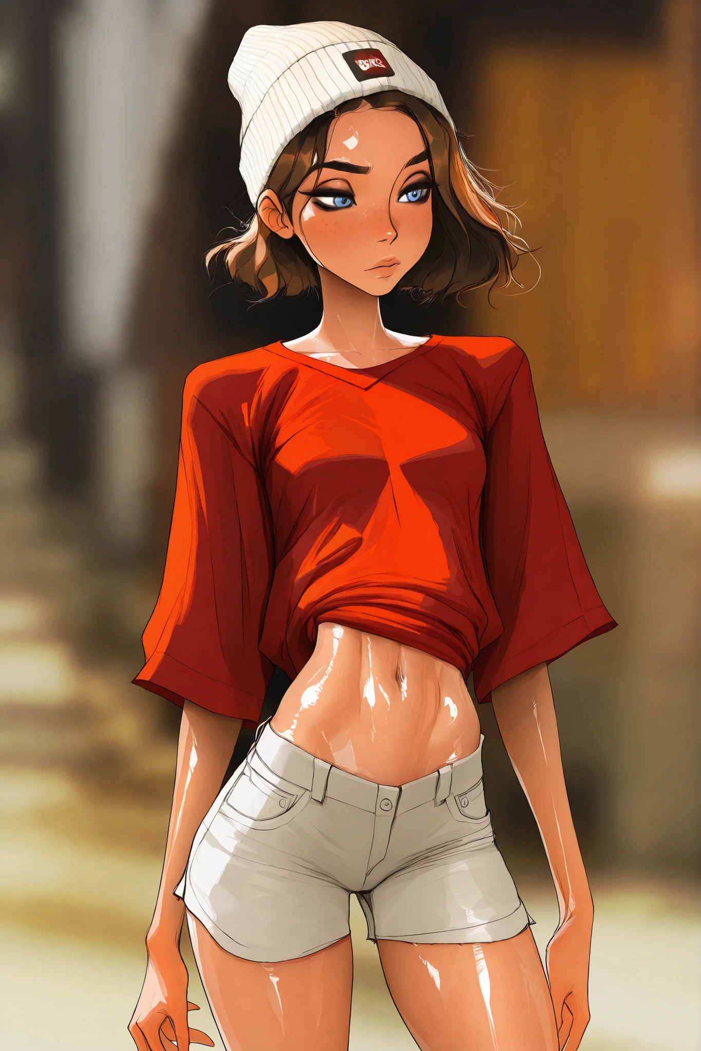 short hair, blue eyes, brown hair, masterpiece, best quality, very aesthetic, movie quality, depth of field,soft saturation, focused subject, ,official style, shiny skin, 1girl, dark eyeliner, high-top beanie, brunette, freckles, wavy brown hair,, shirow masamune,  sam yang style,  oily skin,  1girl, small ,  wavy brown hair, red tshirt, white jean shorts, tall girl, skinny girl, long abdomen