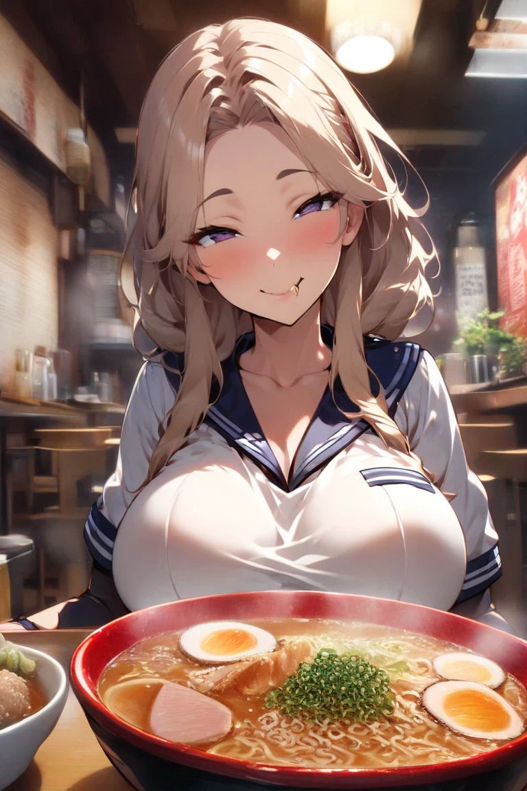 score_9_up,score_8_up,score_7_up,score_6_up,score_5_up,score_4_up,(((1 girl))),pekomama,(((milf))),thick eyebrows, droopy eyes,(mature female),(((open eyes))),sexy lips,big breasts,sailor uniform ,(delicious smile),(((looking at viewer))),((eating ramen)),ramen on the table ,indoors,in the ramen shop, sitting chair,at noon,cowboy shot,(((ramen focus))),
