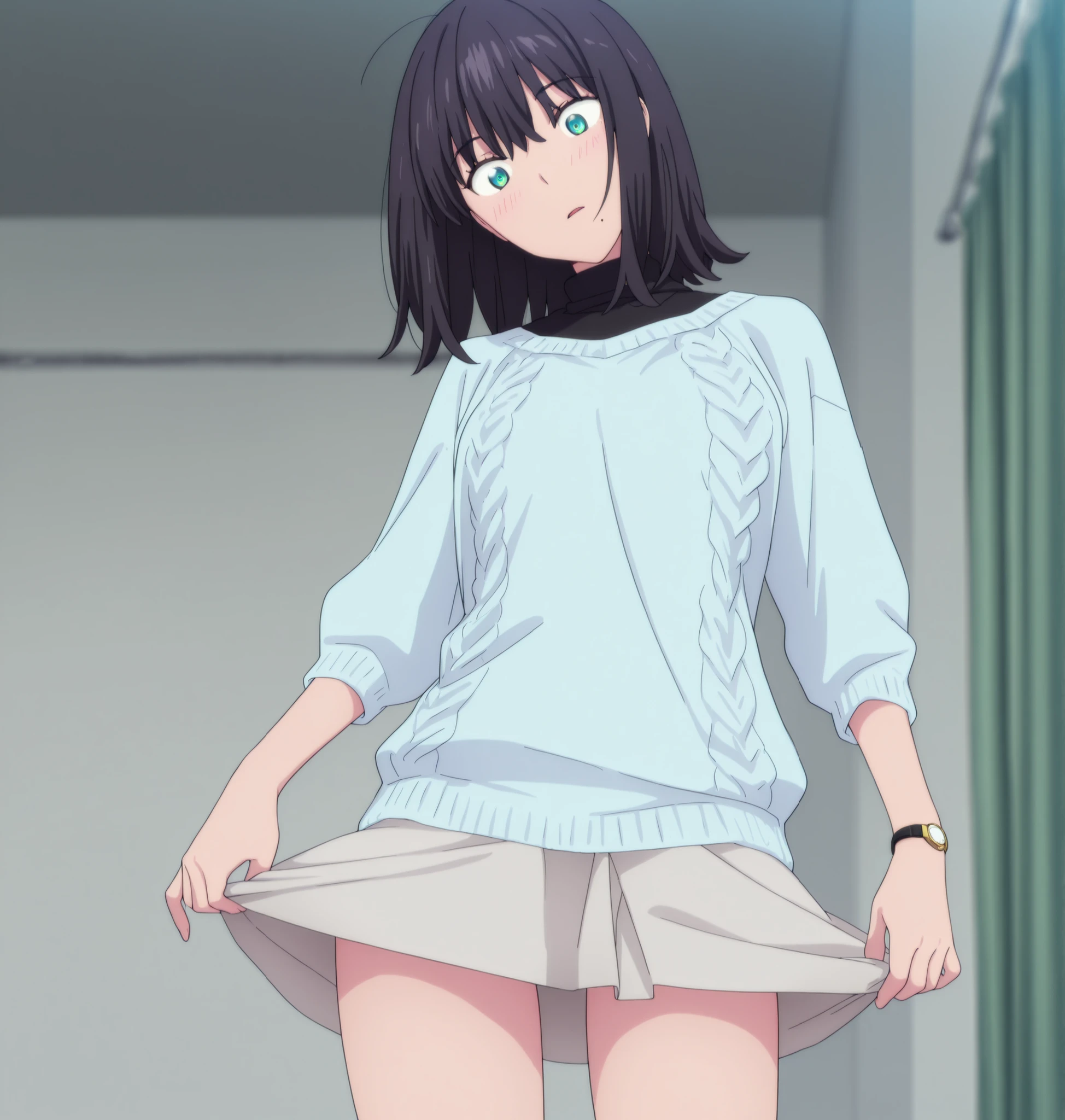 masterpiece, best quality, amazing quality, highres, absurdres, very aesthetic, high resolution, ultra detailed, perfect details, ufotable style, 1girl, solo, indoors, , (detailed background:1.2),from above, (long sidelocks), ,, ((medium hair, flipped hair)), ((black hair)), bangs, hair between eyes, (green blue eyes),(detailed beutiful eyes), bracelet,((black turtleneck knit, )),long sleeve, loose fit knit, pale skirt, long thighs, (small breasts,), (head tilt, head back), <lora:Akane_Shinjo_ILXL:0.8>,,  ((aged up:1.5)),(surprised), looking down, (anime coloring), embarrassed, pose, ((grabbing skirt)), parted lips,  wrist watch,, slim body, slender body, slim arms, light skin, one mole, mole under mouth, 
