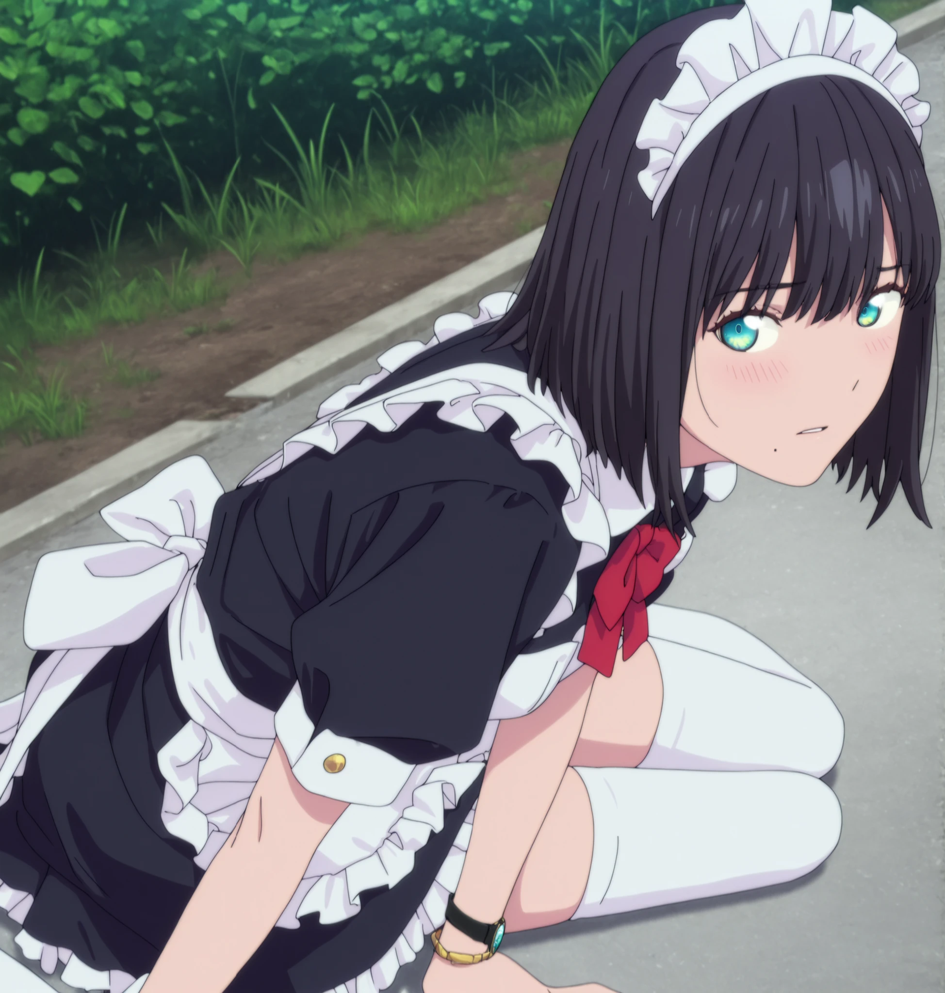 masterpiece, best quality, amazing quality, highres, absurdres, very aesthetic, high resolution, ultra detailed, perfect details, ufotable style, 1girl, solo, outdoors, , (detailed background:1.2),from above, from side,(long sideburns), (flipped hair),inverted bob, ((black hair)), long bangs,  medium hair, (green blue eyes),(detailed beutiful eyes), bracelet,(maid clothing), half-sleeve, skirt, white thighhighs,(small breasts, ), <lora:Akane_Shinjo_ILXL:0.8>,, ((aged up:1.5)),(), looking at viewer, (anime coloring), , pose, embarrassed, parted lips,  wrist watch, sitting, yokozuwari, slim body, slender body, slim arms, light skin, one mole, mole under mouth, ((covering private)),(bent over),