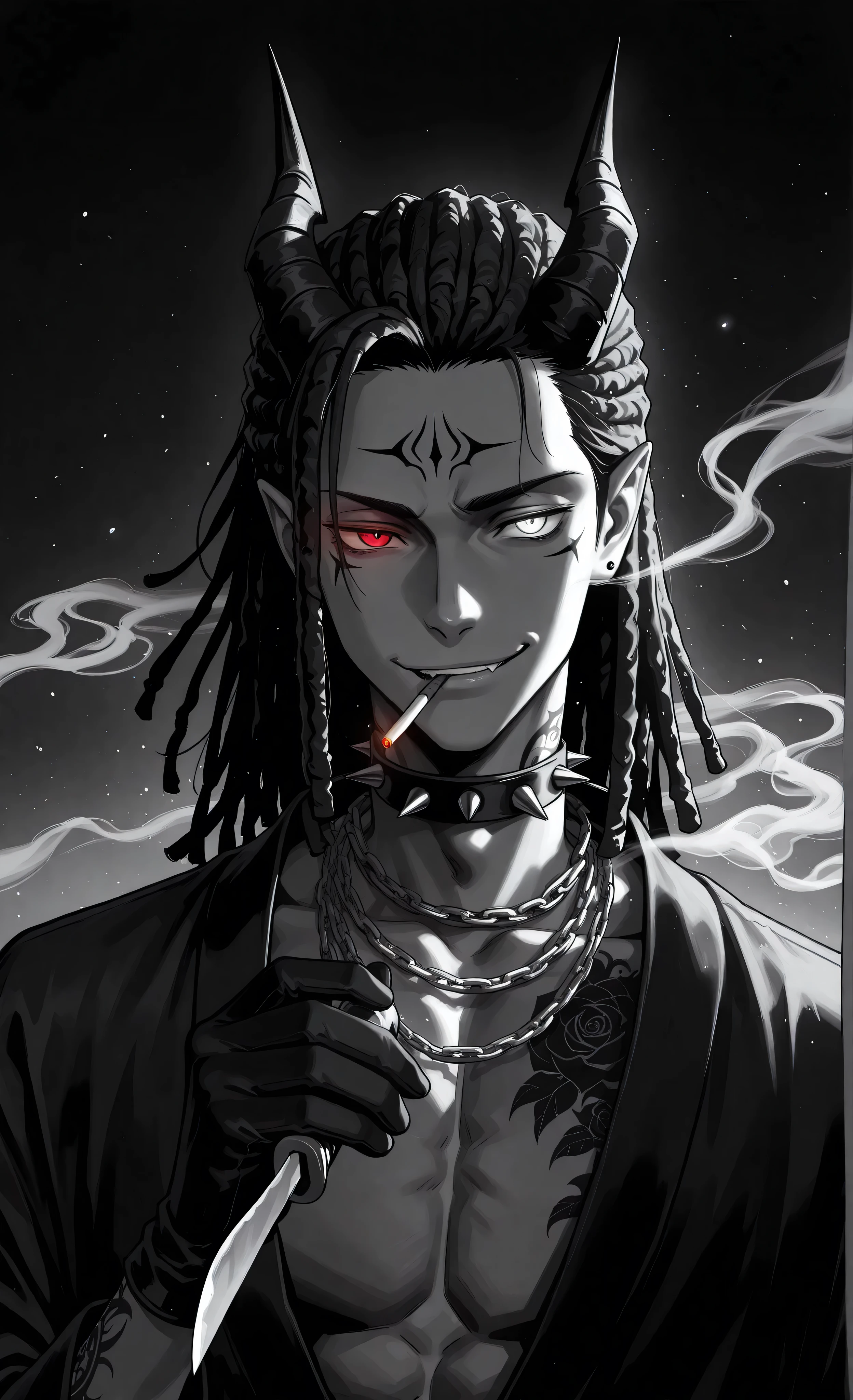 (masterpiece:1.3, 8k:1.3, Highest quality:1.3, Detail:1.3, High resolution:1.3, digital painting, ultra detailed, view), (anime style, dark fantasy, male focus, the emphasis on the face, detailed illustration, tattoos, intricate details, mysterious atmosphere, smoke, ethereal, captivating ambiance, soft shadows, dark fantasy, dark color palette, dark fantasy, male, tattoo, vibrant accents, cinematic lighting) a handsome young demonic figure (late teens, early twenties) with dark hair, pale skin, pointed ears, and glowing red eyes. He has glowing cyan horns and facial markings. He is shirtless under an open black robe, revealing a muscular torso with intricate red floral tattoos. A spiked collar with a silver chain is around his neck. He wears black leather-like pants and boots. He sits in a relaxed, confident pose, legs crossed, holding a pipe in his gloved hand with a slight smirk. Smoke curls around his face. Soft, dramatic lighting highlights his form and casts gentle shadows. The background is a simple gradient of dark grays. Style of Jujutsu Kaisen and Vanitas no Carte, gothic aesthetic, edgy and stylish, sharp lines, highly detailed tattoos and clothing. (anime style, manga, monochrome, gray, male focus, waist-length portrait, close-up, rebellious, sharp, tattoos, dreadlocks, glowing eyes, insulting gesture, A knife in his hand, smirk, A cigarette in my mouth, dark background, high contrast, dramatic lighting, simple background)dark background. stylized, Manga-inspired artwork., red eyes, white eyes, heterochromia, shining, shining_effect, sparkling, particles, glitter_effect, light_particles, glitter, glitter_effect, bokeh, light_boke, light_reflection,