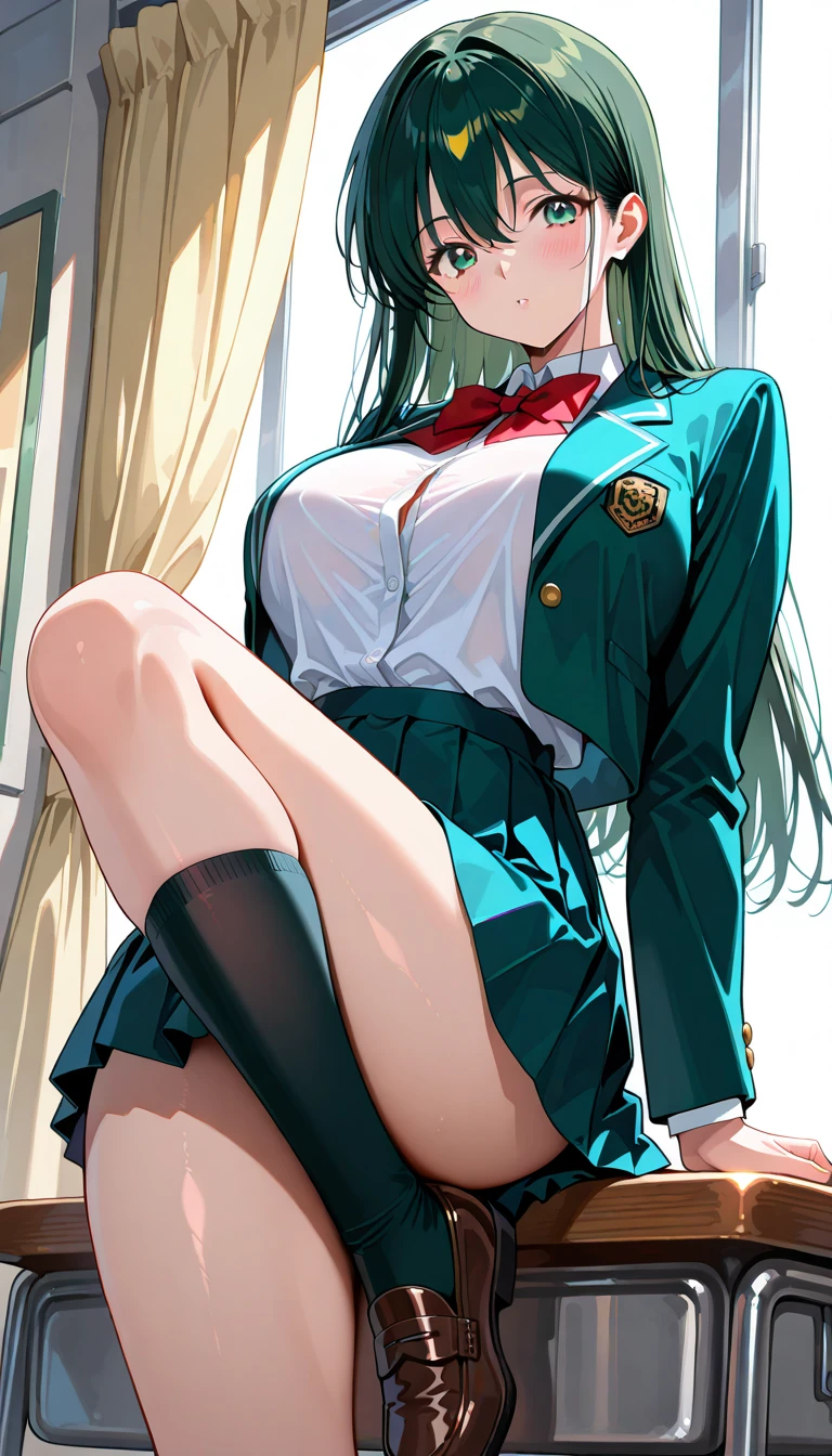 （（（（Hands behind the head））））、large full ???????、1 persons、Green hair、Twin-tailed、Pink checked miniskirt、a short skirt((Solo, 1girl in)), white  shirt、Brown blazer、fine detailed shiny eyes,breastsout, High resolution, The best lighting, Extremely detailed illustrations, Realistic white panties, ?????? seam, ????????, window, ????, pantyshot, ???????????,,  No shorts, Dirty panties ??????、in a street