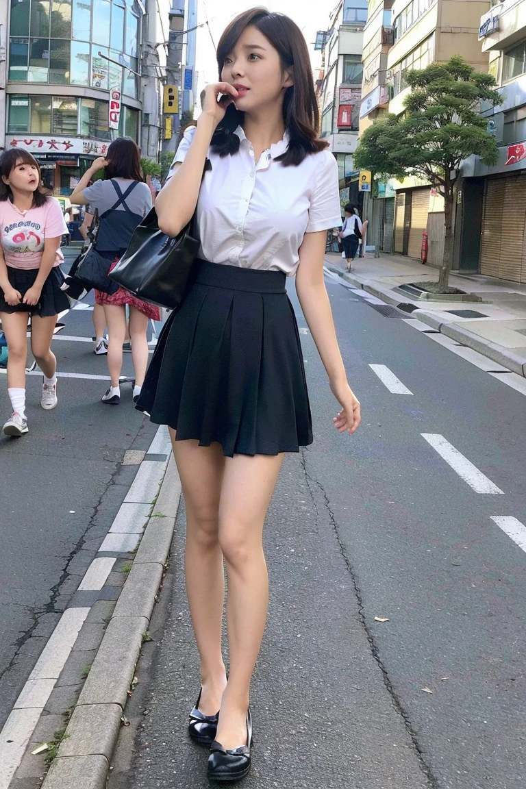 An Asian girl，jpn，dual horsetail，（1.52)，Wearing JK clothing（pleatedskirt，Short calf stockings，Black shoes），realisticlying，hyper HD，photore，naturey，and harmonious，The face is clear，Warm light color temperature 5800K