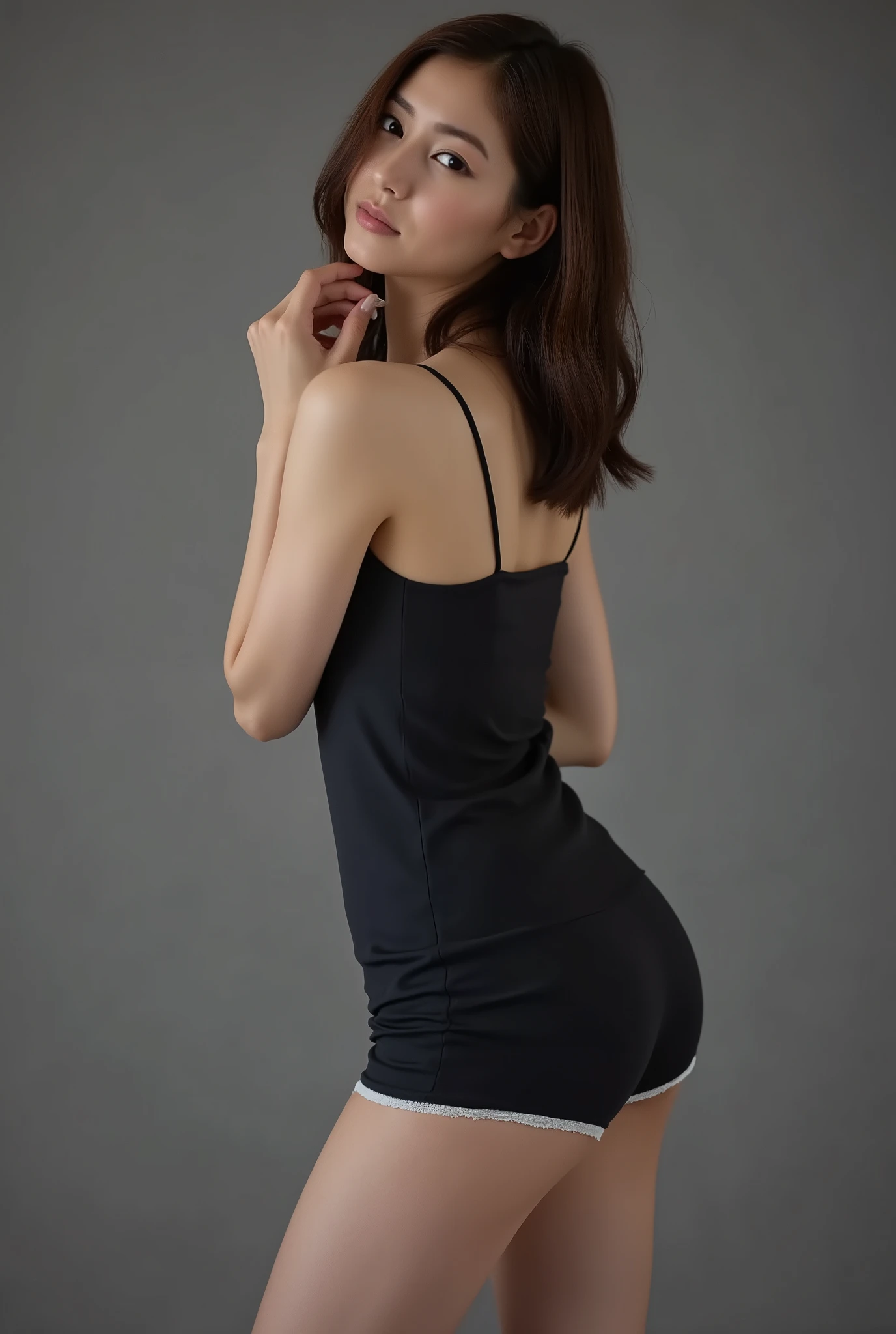 One woman with a cute face、as real as in the picture、matte texture、model pose、dim background,Full body fit 、Perfect Body、gentle expression、You can see white  from a dark-colored dress