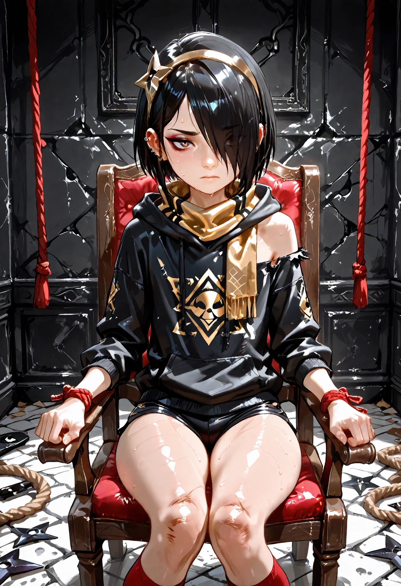 ((girl tied to chair)), masterpiece, detailed_eyes, high_quality, best_quality, highres, absurdres, 8k, score_9, 1girl, Asian girl, (((light skinned girl))), (hair over eye), brown eye, black hair, gold jewelry, purple gems, piercings, slender body, flat chest, tiny shoulders, wide hips, huge ass, moody, double eyelids, heavy eyeshadow, Asian scarf, gold scarf, black scarf), gold hairband, tiny shorts, (((scratched knees, red knees))), oversized black hoodie, hoodie with gold hexagons, damaged clothes, ((exposed shoulders)), black clothes, shuriken hair ornament, sweating, shiny body, tired expression, antique chair, mahogany, red upholstery, rope, bondage, ((greyscale background, empty background)), ((Baallore))
