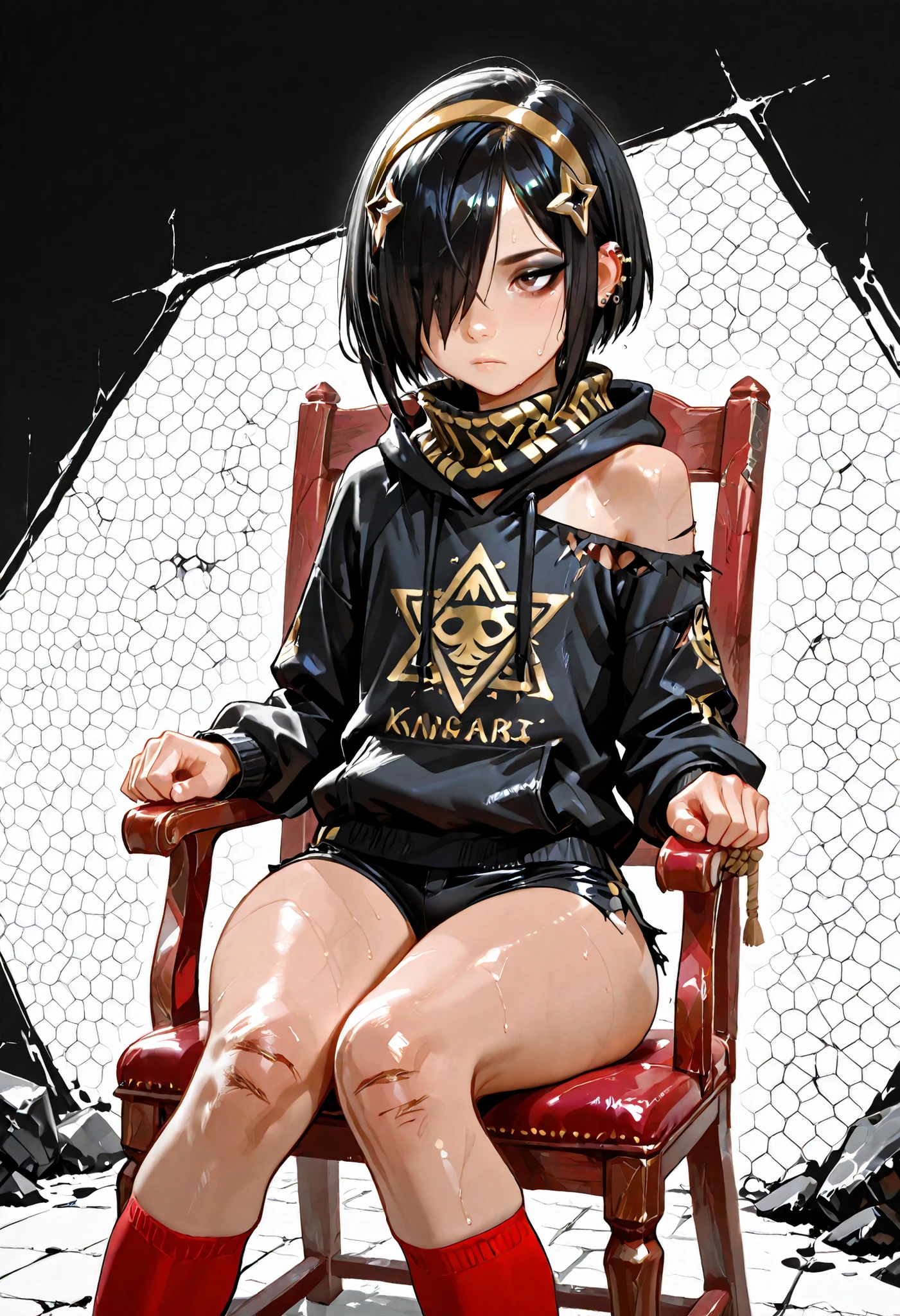 ((girl tied to chair)), masterpiece, detailed_eyes, high_quality, best_quality, highres, absurdres, 8k, score_9, 1girl, Asian girl, (((light skinned girl))), (hair over eye), brown eye, black hair, gold jewelry, purple gems, piercings, slender body, flat chest, tiny shoulders, wide hips, huge ass, double eyelids, heavy eyeshadow, Asian scarf, gold scarf, black scarf), gold hairband, tiny shorts, (((scratched knees, red knees))), oversized black hoodie, hoodie with gold hexagons, damaged clothes, ((exposed shoulders)), black clothes, shuriken hair ornament, sweating, shiny body, bored expression, antique chair, mahogany, red upholstery, rope, bondage, (((greyscale background, empty background))), ((Baallore))