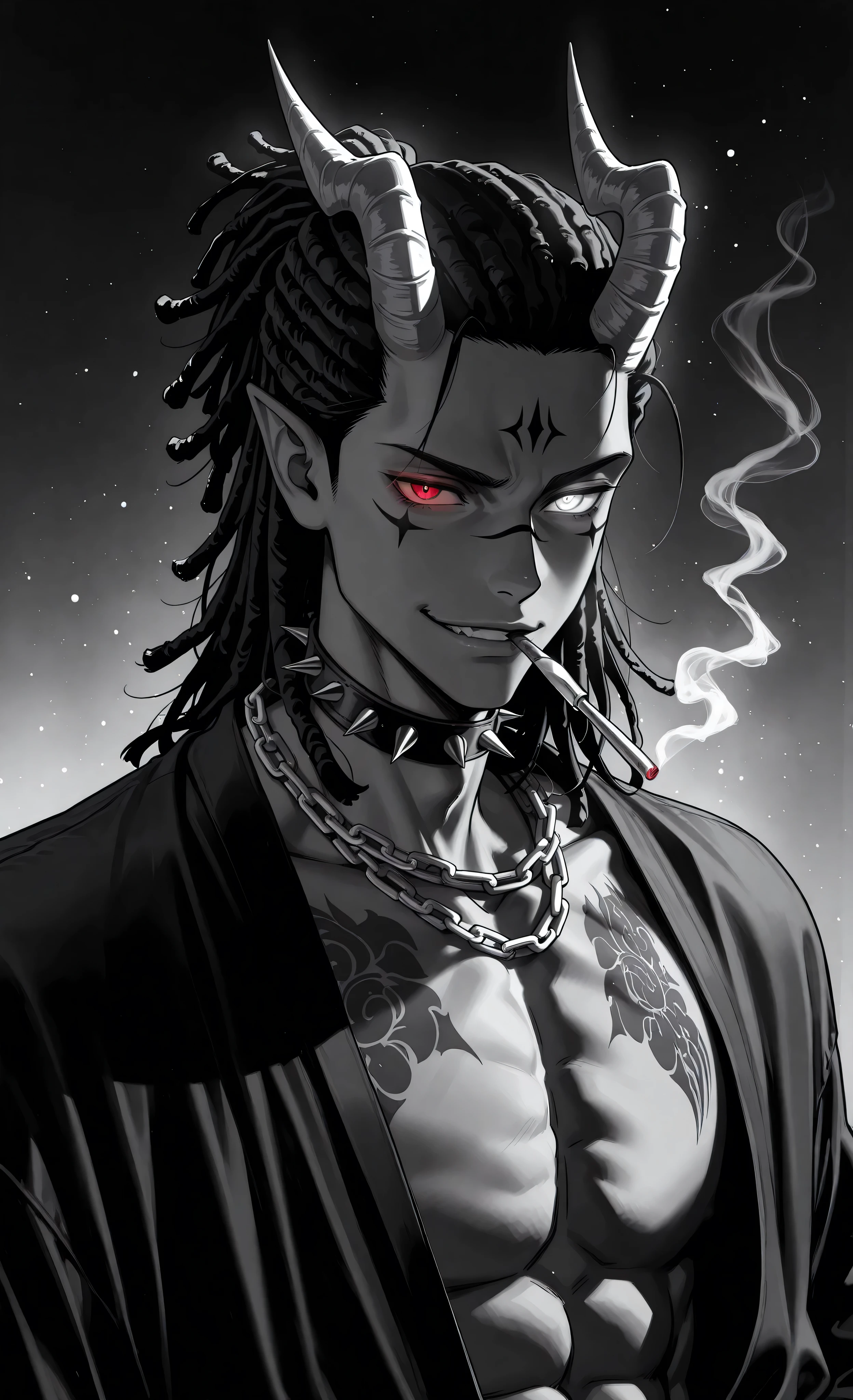 (masterpiece:1.3, 8k:1.3, Highest quality:1.3, Detail:1.3, High resolution:1.3, digital painting, ultra detailed, view), (anime style, dark fantasy, male focus, the emphasis on the face, detailed illustration, tattoos, intricate details, mysterious atmosphere, smoke, ethereal, captivating ambiance, soft shadows, dark fantasy, dark color palette, dark fantasy, male, tattoo, vibrant accents, cinematic lighting) a handsome young demonic figure (late teens, early twenties) with dark hair, pale skin, pointed ears, and glowing red eyes. He has glowing cyan horns and facial markings. He is shirtless under an open black robe, revealing a muscular torso with intricate red floral tattoos. A spiked collar with a silver chain is around his neck. He wears black leather-like pants and boots. He sits in a relaxed, confident pose, legs crossed, holding a pipe in his gloved hand with a slight smirk. Smoke curls around his face. Soft, dramatic lighting highlights his form and casts gentle shadows. The background is a simple gradient of dark grays. Style of Jujutsu Kaisen and Vanitas no Carte, gothic aesthetic, edgy and stylish, sharp lines, highly detailed tattoos and clothing. (anime style, manga, monochrome, gray, male focus, waist-length portrait, close-up, rebellious, sharp, tattoos, dreadlocks, glowing eyes, insulting gesture, A knife in his hand, smirk, A cigarette in my mouth, dark background, high contrast, dramatic lighting, simple background)dark background. stylized, Manga-inspired artwork., red eyes, white eyes, heterochromia, shining, shining_effect, sparkling, particles, glitter_effect, light_particles, glitter, glitter_effect, bokeh, light_boke, light_reflection,