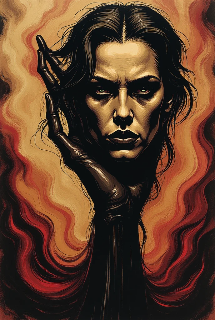 a woman's body impaled by ten swords, (art inspired in Bill Sienkiewicz). oil painting)
