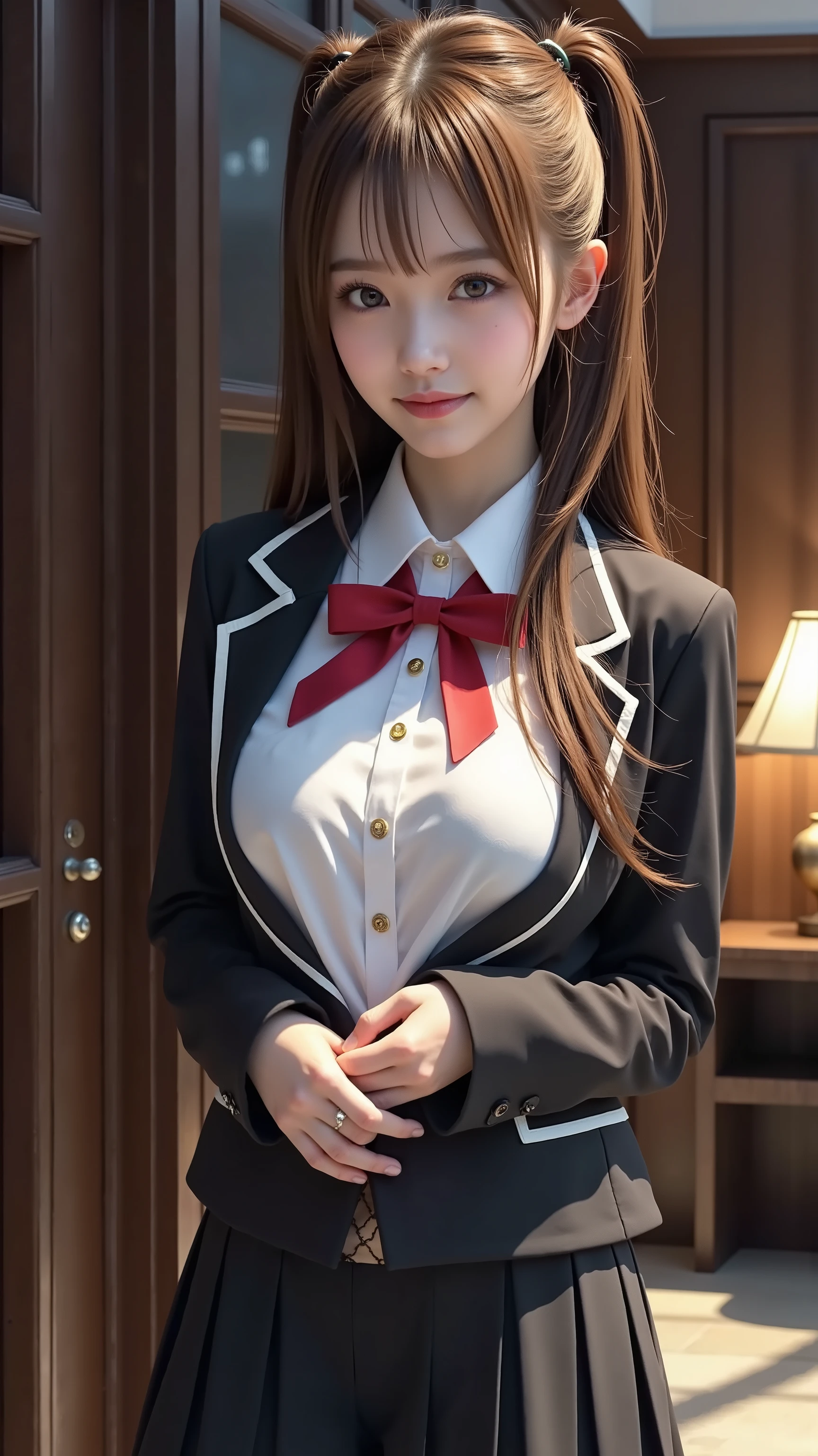 cute girl in uniform posing for a picture in front of a door, ((seductive girl)), attractive girl, 美しいハイスクールガール, a hyperリアルな女子高生, beautiful girl, hyperリアルな女子高生, realistic young girl, リアルな女子高生, 美しく魅力的な女性, ふわふわな胸, 最高品質, 最高画質