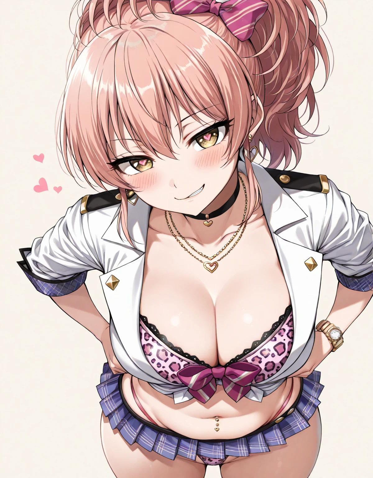 ((masutepiece, Best Quality, hight resolution, nffsw, Perfect Pixel, depth of fields, 4K, )), 1girl in, Solo, , Beautiful anime girl, Beautiful Art Style, close up, Looking at Viewer, Perfect body, Yuigahama Yui, Short hair, pink hair, hairbun, (large boob), hands on ????, ?????????, see through playboy ?????, red bowtie, ???????, ???????, smiling, blank white background, shot from above