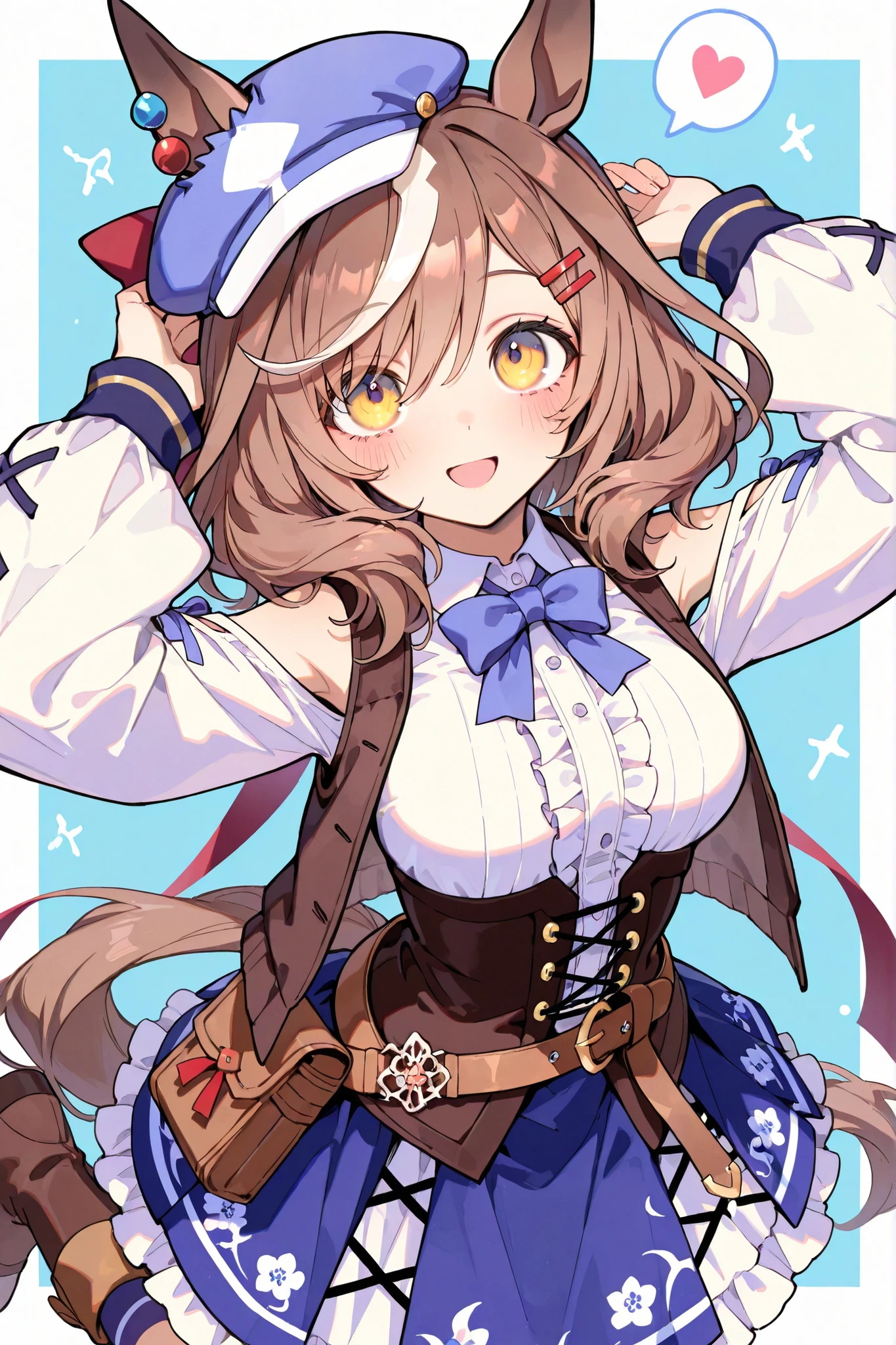 whnzz, enosan, masterpiece, high quality, best quality, detailed eyes, detailed hair, detailed skin, 8K, fine detail,  (masterpiece:1.2, top quality), detailed background, masterpiece, Rutting Eyes, excessive soft breasts, aegyo sal, Masterpiece, Highest Quality,  looking at man,   solo,  yoneyama mai, blurry, chromatic aberration, portrait, close-up, aegyo sal, whnzz, mnmbcstyle, ((Matikanetannhauser from umamusume)), mkt race, matikane tannhauser (umamusume), animal ears, belt bag, blush, bow, brown hair, cabbie hat, ears through headwear, hair ornament, hairclip, hat, highres, horse ears, horse girl, horse tail, medium hair, multicolored hair, streaked hair, tail, white hair, belt, brown eyes, clothing cutout, shoulder cutout, boots, ribbon, yellow eyes, blue headwear, dress, ear piercing, piercing, belt buckle, buckle, hair between eyes, blue bow, blue hat, collared shirt, long sleeves, puffy long sleeves, puffy sleeves, shirt, white shirt, bare shoulders, blue skirt, frilled skirt, frills, skirt, bowtie, brown footwear, corset, frilled dress, socks, ear ornament, blue bowtie, belt pouch, pouch, bangs, eyebrows visible through hair, center frills, tilted headwear, two-tone hair, detached sleeves, brown jacket, jacket, sleeveless, sleeveless jacket, open mouth, smile, (close up), ((pastel color)), spoken heart, looking at viewer, cute background, arms up