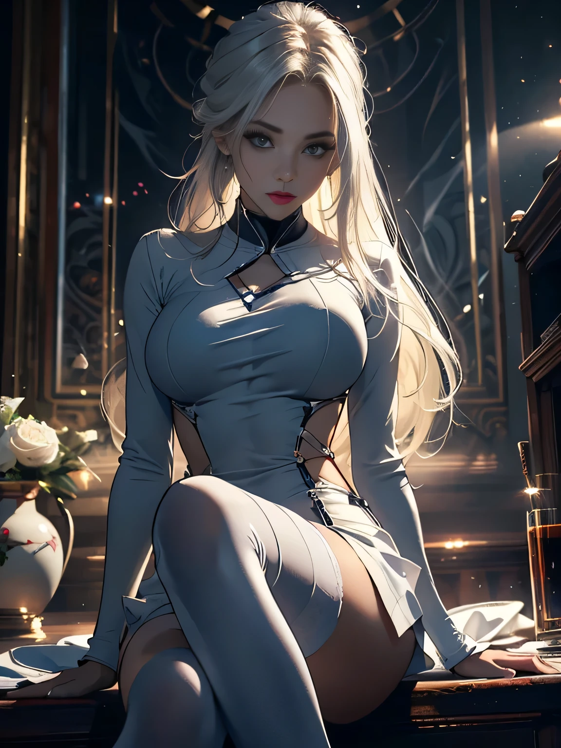 ((masterpiece, best quality)), official art, 8k wallpaper, ultra detailed,  mature dark elf girl, ((dark blue and white dress)), girl in a buble, sitting, flowers, expressionless, ((White boots)), glass texture, light transmission, spectral light, gradient translucent glass melt, caustic, transparent glass texture, high detail luminescence, (prismatic patterns on hair and clothes:1.3), ((glowing petals encircle and intertwine around her)), watercolor, watercolor style, splatter, vibrant color, art by Artgerm, by Kawacy, by Yoshitaka Amano, BREAK, highly detailed of (dark elf), (1girl), solo, perfect face, details eye, Blunt bangs, (hair between eye), white hair, violet eyes, BREAK, eyelashes, eyeshadow, pink eyeshadow, (dark skin:1.2), glaring, smile, medium , BREAK, extremely detailed, Dutch angle,