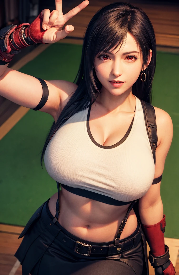 (1girl:1.3), (tifa lockhart (final fantasy vii):1.3), (cosplayer:1.2), (at comiket in tokyo:1.3), (cute:1.2), (mix of 2d and 3d:1.2), (3d model elements:1.1), (anime style:1.2), (highly detailed:1.3), (very aesthetic:1.2), (best quality:1.3), (amazing quality:1.3), (absurdres:1.2), (beautiful face:1.2), (perfect eyes:1.1), (perfect nose:1.1), (perfect mouth:1.1), (perfect skin:1.1), (perfect hair:1.2), (long hair:1.1), (black hair:1.1), (bangs:1.1), (tight clothes:1.1), (?????????????:1.1), (cleavage:1.1), (white tank top:1.2), (black mini skirt:1.2), (black shorts:1.1), (red gloves:1.1), (earrings:1.1), (dynamic pose:1.3), (smiling:1.1), (bright colors:1.1), (vibrant:1.1), (depth of field:1.2), (volumetric lighting:1.3), (lens flare:1.1), (bloom:1.1), (golden ratio:1.2), (8k:1.2), (uhd:1.2), (high quality:1.3), (raw photo:1.2), (photorealistic:1.2), (dslr:1.1), (Fujifilm XT3:1.1), (professional photoshoot:1.3), (professional makeup:1.2), (bustling tokyo big sight convention center interior:1.3), (comiket 100 signage:1.2), (crowds of cosplayers and attendees visible in background:1.2), (bright colorful banners and booths:1.1), (people holding anime goods:1.1), (detailed background:1.3)