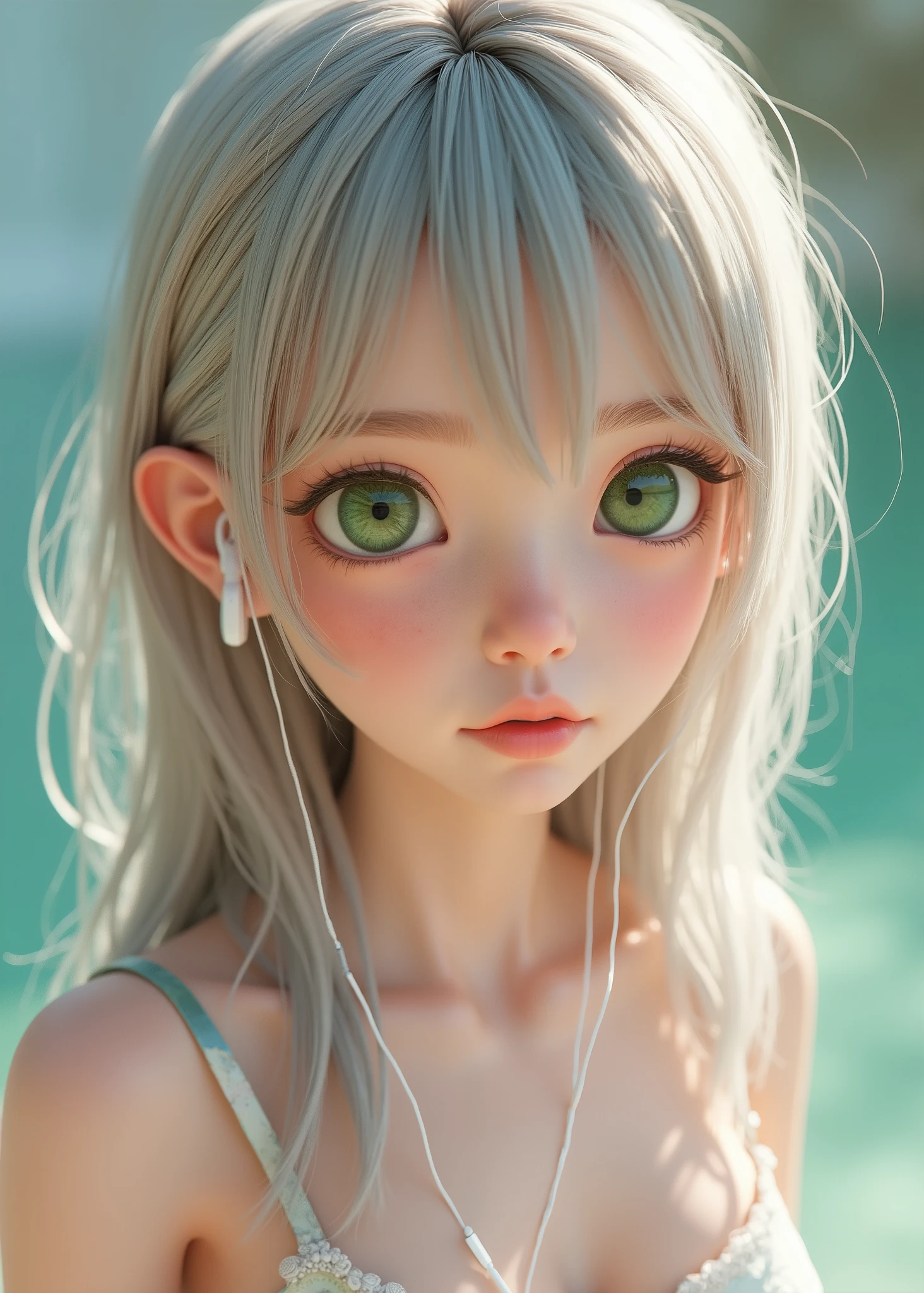 Disney 3D image womanhood 16 years old wear white ear monitors、green eyes fair skin Hair with bangs Light-colored hair blue eyes 非常にfair skin、camisole、shorts、