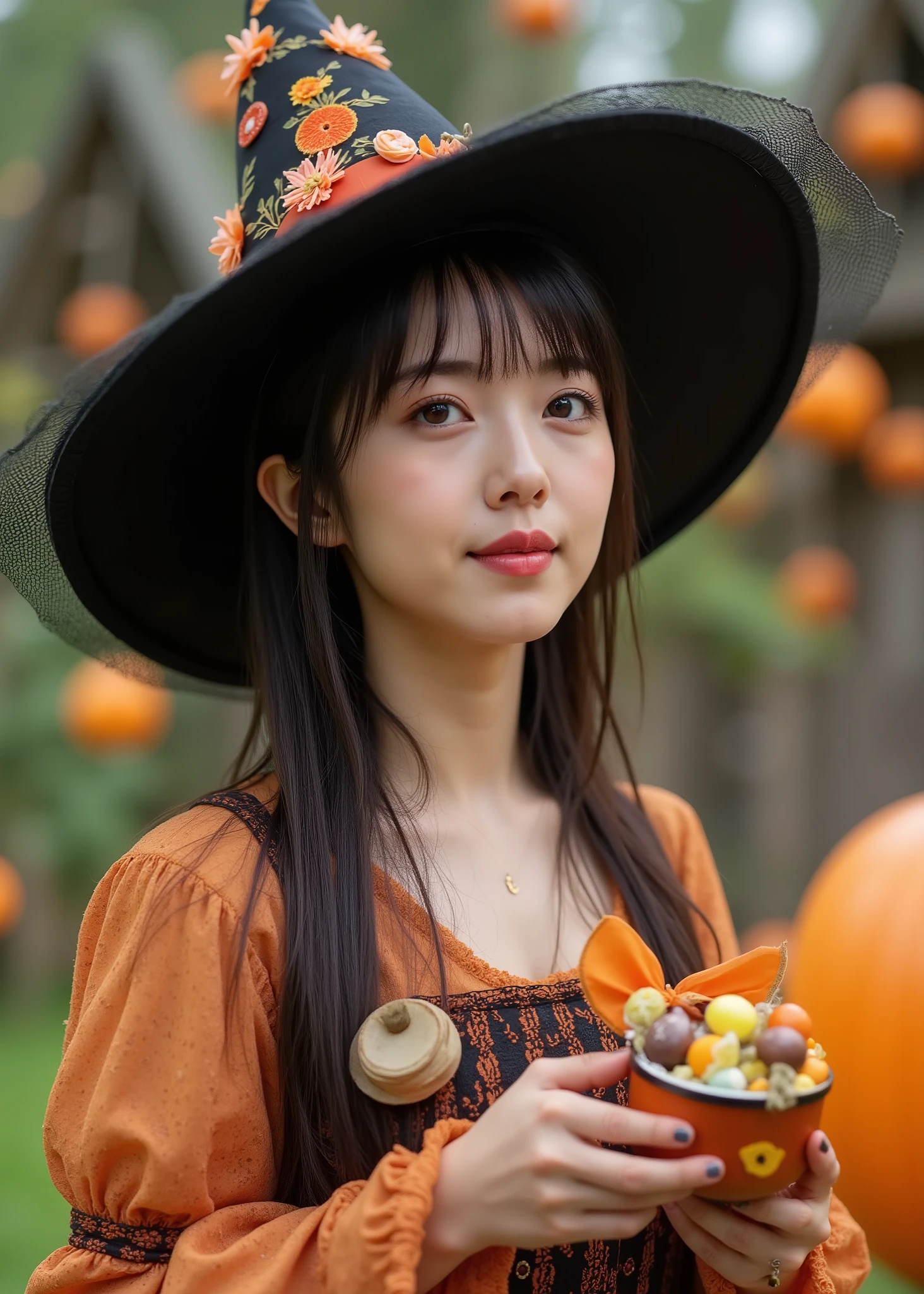 kawaii Japanese woman、 Fairyland 、 happy Halloween 、Witch Hat、cute woman in a Halloween dress、With sexual attraction、Inside an old medieval house、large colorful candies are falling in the garden、3D,high image quality、Realistic、cinematic lighting、fun atmosphere、high image quality、detail