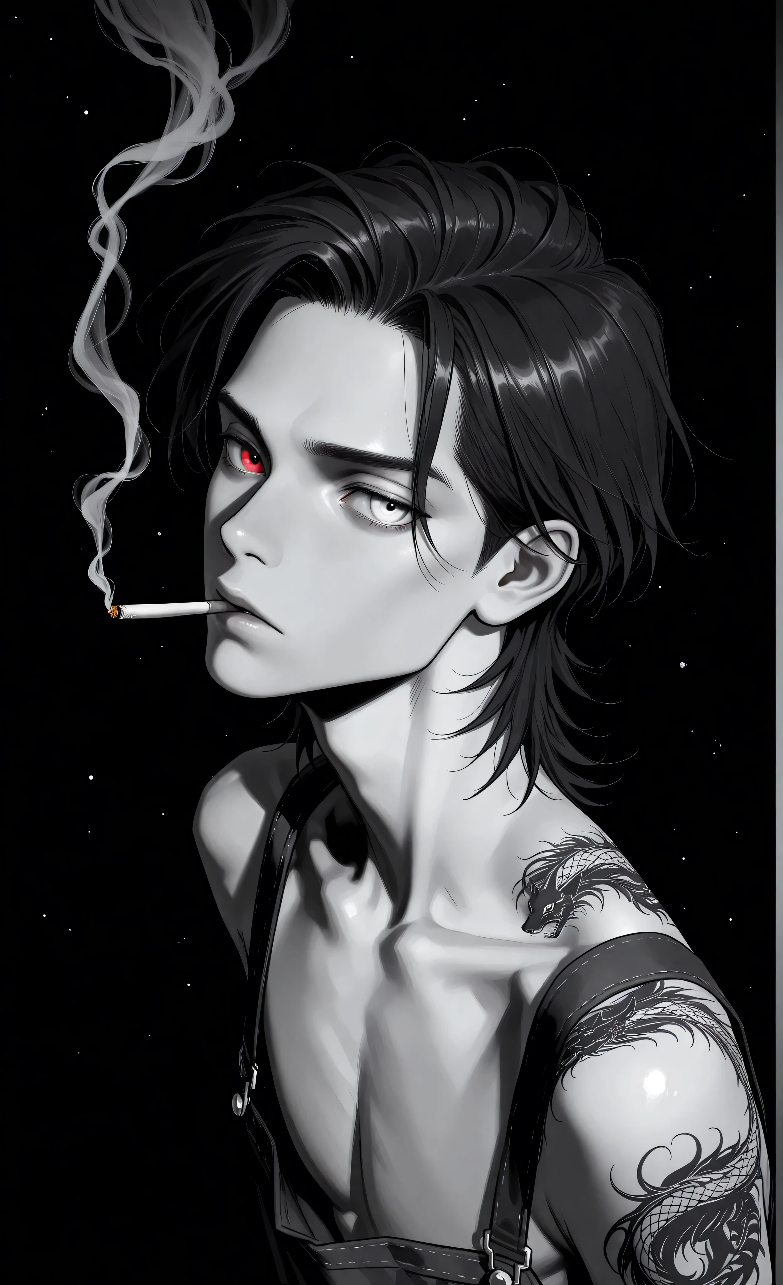 (a masterpiece:1.3, 8k:1.3, Highest quality:1.3, Detail:1.3, High resolution:1.3, digital painting, ultra detailed, view from above), (highly detailed eyes and face, Details are clear, upper body), (anime style, dark fantasy, male focus, the emphasis on the face, detailed illustration, tattoos, intricate details, mysterious atmosphere, smoke, ethereal, captivating ambiance, soft shadows, dark fantasy, waist-, half-body, , dark color palette, dark fantasy, male, tattoo, vibrant accents, cinematic lighting), (dark background, high contrast, dramatic lighting, simple background)dark background. stylized, Manga-inspired artwork., red eyes, white eyes, heterochromia, shining, shining_effect, sparkling, particles, glitter_effect, light_particles, glitter, glitter_effect, bokeh, light_boke, light_reflection,) A stylized, grayscale portrait of a young, possibly Asian man in his late teens or early twenties, rendered in a manga or anime style. He's shown in a three-quarter profile view, looking slightly upwards and to his right with a serious, almost contemplative expression straight at the viewer. His hair is thick, dark, and tousled, framing his face. The man's facial features are sharp, with high cheekbones and a defined jawline. His eyes are detailed and expressive. There's a cigarette in my mouth. He has a broad-shouldered, fit. He's wearing no clothing, but the image suggests a simple garment, his shoulders and upper back are exposed. Circular, stitch-like For bites are visible on his upper back. The background is solid black, providing a stark contrast to the figure and emphasizing his form. The lighting is focused, casting shadows that add depth and definition to the character's features. The overall atmosphere is one of quiet intensity.