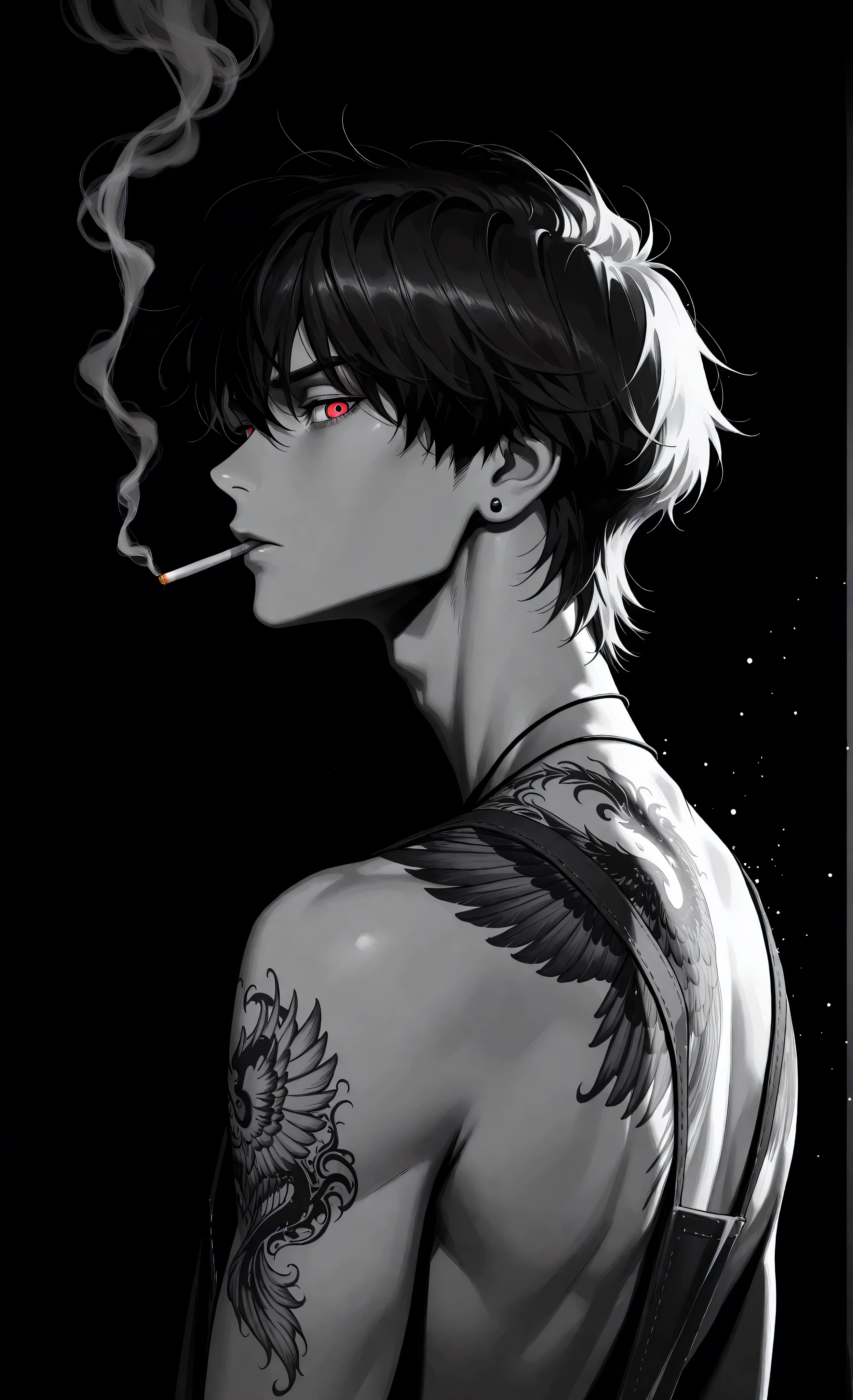 (a masterpiece:1.3, 8k:1.3, Highest quality:1.3, Detail:1.3, High resolution:1.3, digital painting, ultra detailed), (highly detailed eyes and face, Details are clear, upper body), (anime style, dark fantasy, male focus, the emphasis on the face, detailed illustration, tattoos, intricate details, mysterious atmosphere, smoke, ethereal, captivating ambiance, soft shadows, dark fantasy, waist-, half-body, , dark color palette, dark fantasy, male, tattoo, vibrant accents, cinematic lighting), (dark background, high contrast, dramatic lighting, simple background)dark background. stylized, Manga-inspired artwork., red eyes, white eyes, heterochromia, shining, shining_effect, sparkling, particles, glitter_effect, light_particles, glitter, glitter_effect, bokeh, light_boke, light_reflection,) A stylized, grayscale portrait of a young, possibly Asian man in his late teens or early twenties, rendered in a manga or anime style. He's shown in a three-quarter profile view, looking slightly upwards and to his right with a serious, almost contemplative expression straight at the viewer. His hair is thick, dark, and tousled, framing his face. The man's facial features are sharp, with high cheekbones and a defined jawline. His eyes are detailed and expressive. There's a cigarette in my mouth. He has a broad-shouldered, fit. He's wearing no clothing, but the image suggests a simple garment, his shoulders and upper back are exposed. Circular, stitch-like For bites are visible on his upper back. The background is solid black, providing a stark contrast to the figure and emphasizing his form. The lighting is focused, casting shadows that add depth and definition to the character's features. The overall atmosphere is one of quiet intensity.