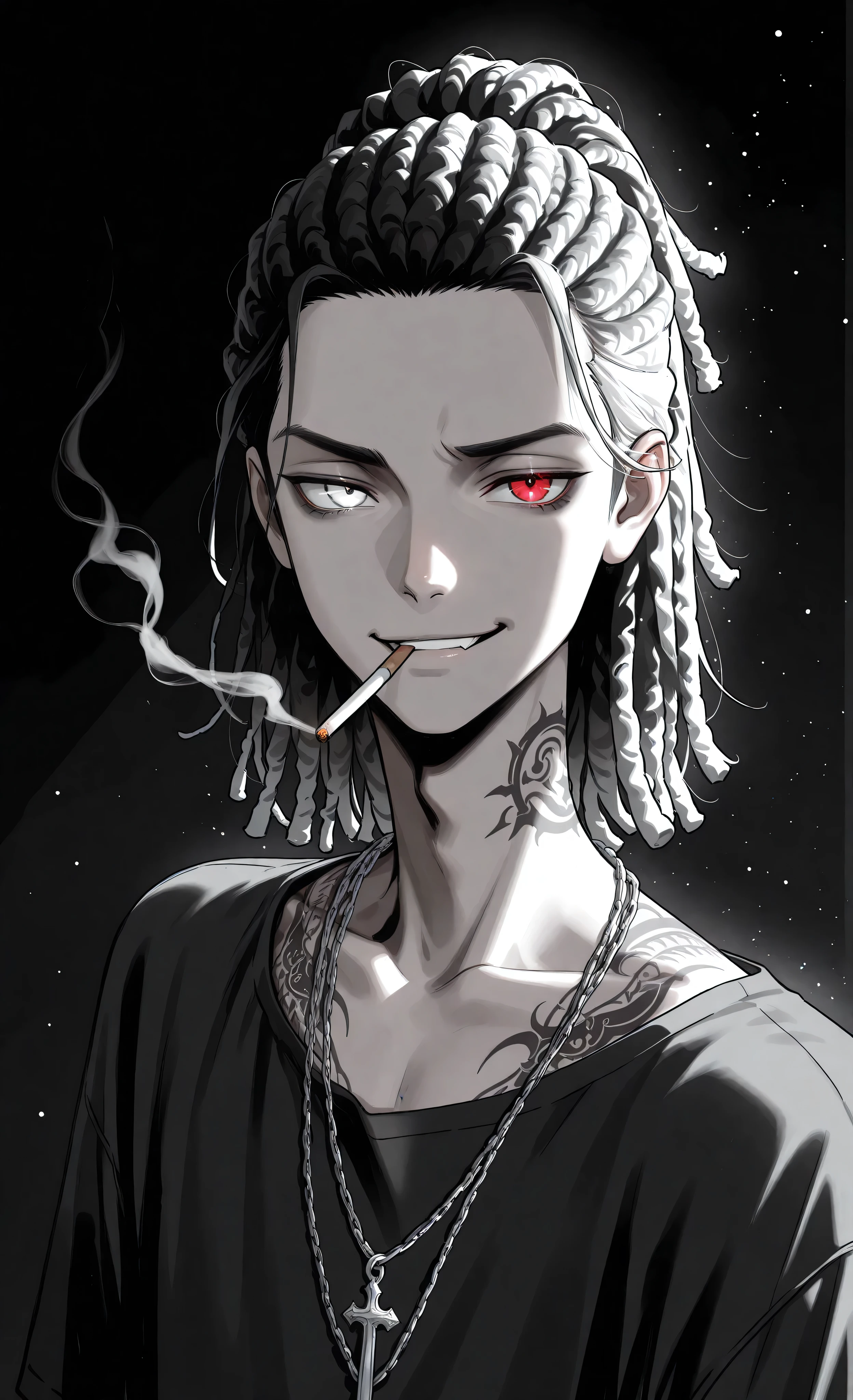 (a masterpiece:1.3, 8k:1.3, Highest quality:1.3, Detail:1.3, High resolution:1.3, digital painting, ultra detailed), highly detailed eyes and face, Details are clear, upper body, 3/4 view, detailed eyes, 8k, ultra-detailed), (anime style, dark fantasy, male focus, the emphasis on the face, detailed illustration, tattoos, intricate details, mysterious atmosphere, smirk, smoke, ethereal, captivating ambiance, soft shadows, dark fantasy, waist-, half-body, pendant, dark color palette, dark fantasy, male, tattoo, vibrant accents, cinematic lighting)a pale young man (18-20 years old), 1 pale-skinned young male , rebellious expression with a slight smirk . His eyes are solid white and glowing. He has dreadlocks with subtle gold highlights . Wearing a simple black t-shirt and a silver chain necklace with a cross pendant . His right arm is adorned with intricate tribal-style tattoos . Monochrome color scheme , using stark blacks , whites , and grays . Close-up , portrait-style shot from the chest up against a plain dark background . Stylized , manga-inspired artwork. Monochrome color scheme using harsh blacks, whites, and grays. close-up, portrait-style shot from the chest up against a plain (anime style, manga, monochrome, gray, male focus, waist-length portrait, close-up, rebellious, sharp, tattoos, dreadlocks, glowing eyes, insulting gesture, smirk, A cigarette in my mouth, dark background, high contrast, dramatic lighting, simple background)dark background. stylized, Manga-inspired artwork., red eyes, white eyes, heterochromia, shining, shining_effect, sparkling, particles, glitter_effect, light_particles, glitter, glitter_effect, bokeh, light_boke, light_reflection,