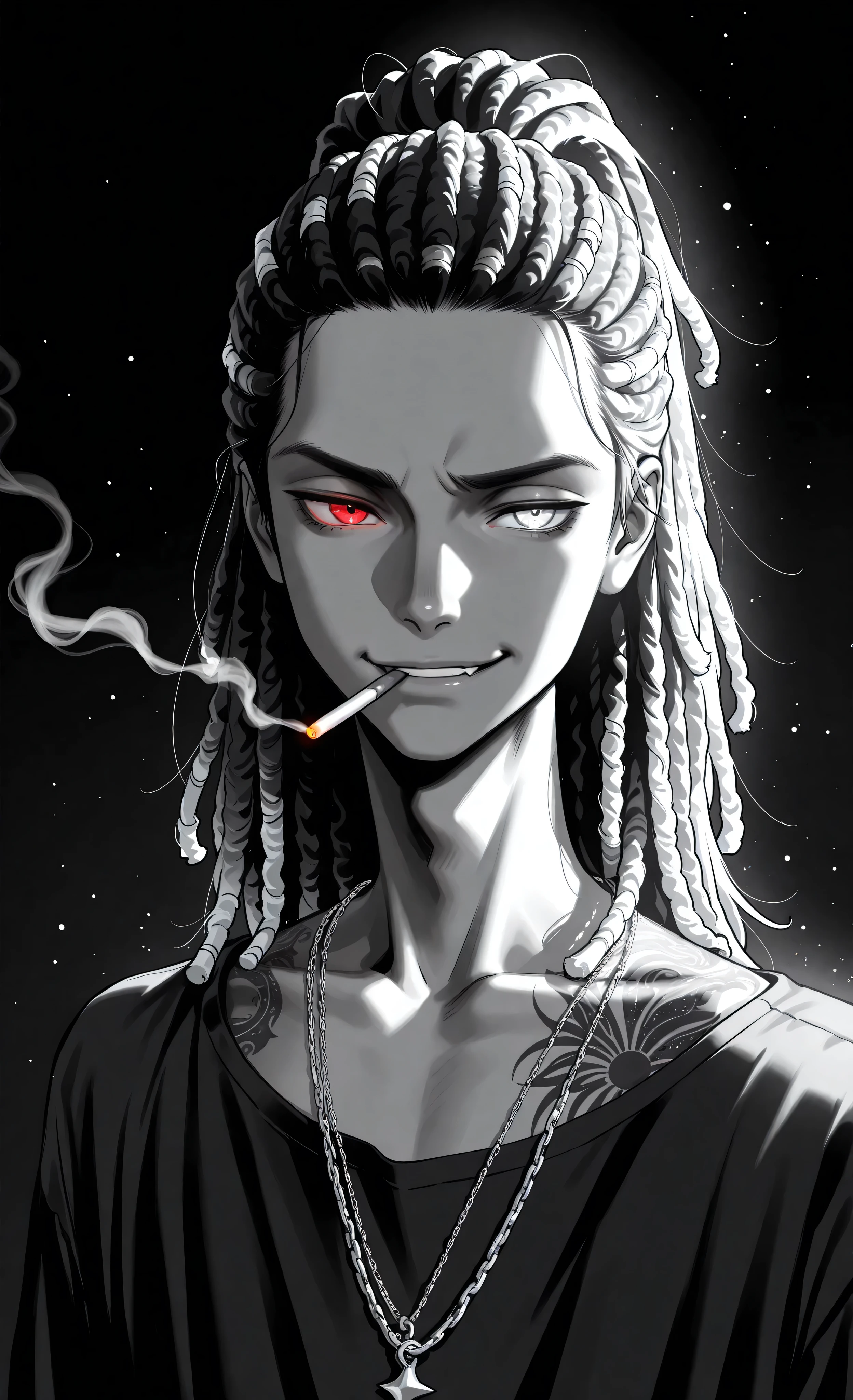 (a masterpiece:1.3, 8k:1.3, Highest quality:1.3, Detail:1.3, High resolution:1.3, digital painting, ultra detailed), highly detailed eyes and face, Details are clear, upper body, 3/4 view, detailed eyes, 8k, ultra-detailed), (anime style, dark fantasy, male focus, the emphasis on the face, detailed illustration, tattoos, intricate details, mysterious atmosphere, smirk, smoke, ethereal, captivating ambiance, soft shadows, dark fantasy, waist-, half-body, pendant, dark color palette, dark fantasy, male, tattoo, vibrant accents, cinematic lighting)a pale young man (18-20 years old), 1 pale-skinned young male , rebellious expression with a slight smirk . His eyes are solid white and glowing. He has dreadlocks with subtle gold highlights . Wearing a simple black t-shirt and a silver chain necklace with a cross pendant . His right arm is adorned with intricate tribal-style tattoos . Monochrome color scheme , using stark blacks , whites , and grays . Close-up , portrait-style shot from the chest up against a plain dark background . Stylized , manga-inspired artwork. Monochrome color scheme using harsh blacks, whites, and grays. close-up, portrait-style shot from the chest up against a plain (anime style, manga, monochrome, gray, male focus, waist-length portrait, close-up, rebellious, sharp, tattoos, dreadlocks, glowing eyes, insulting gesture, smirk, A cigarette in my mouth, dark background, high contrast, dramatic lighting, simple background)dark background. stylized, Manga-inspired artwork., red eyes, white eyes, heterochromia, shining, shining_effect, sparkling, particles, glitter_effect, light_particles, glitter, glitter_effect, bokeh, light_boke, light_reflection,
