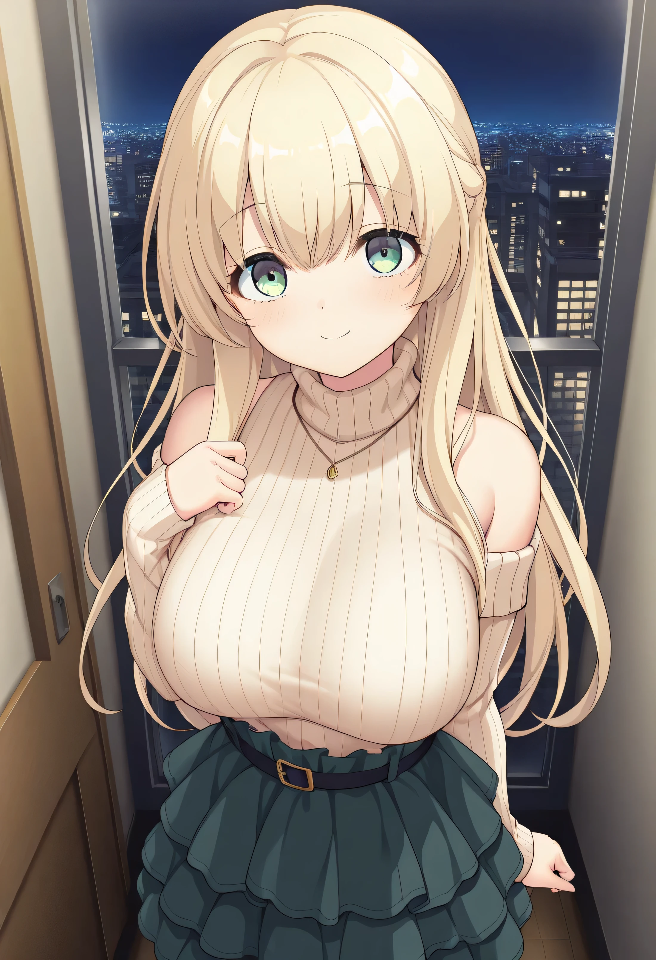 masterpiece, best quality, highres, scenery, newest, 1girl, official style, ren, winded ul blonde hair, green eyes, sweaters, layered skirt, looking at viewer, cute smile, fully shoulders, normal breasts, cute face, inside room, city night, hand up, rape me later,