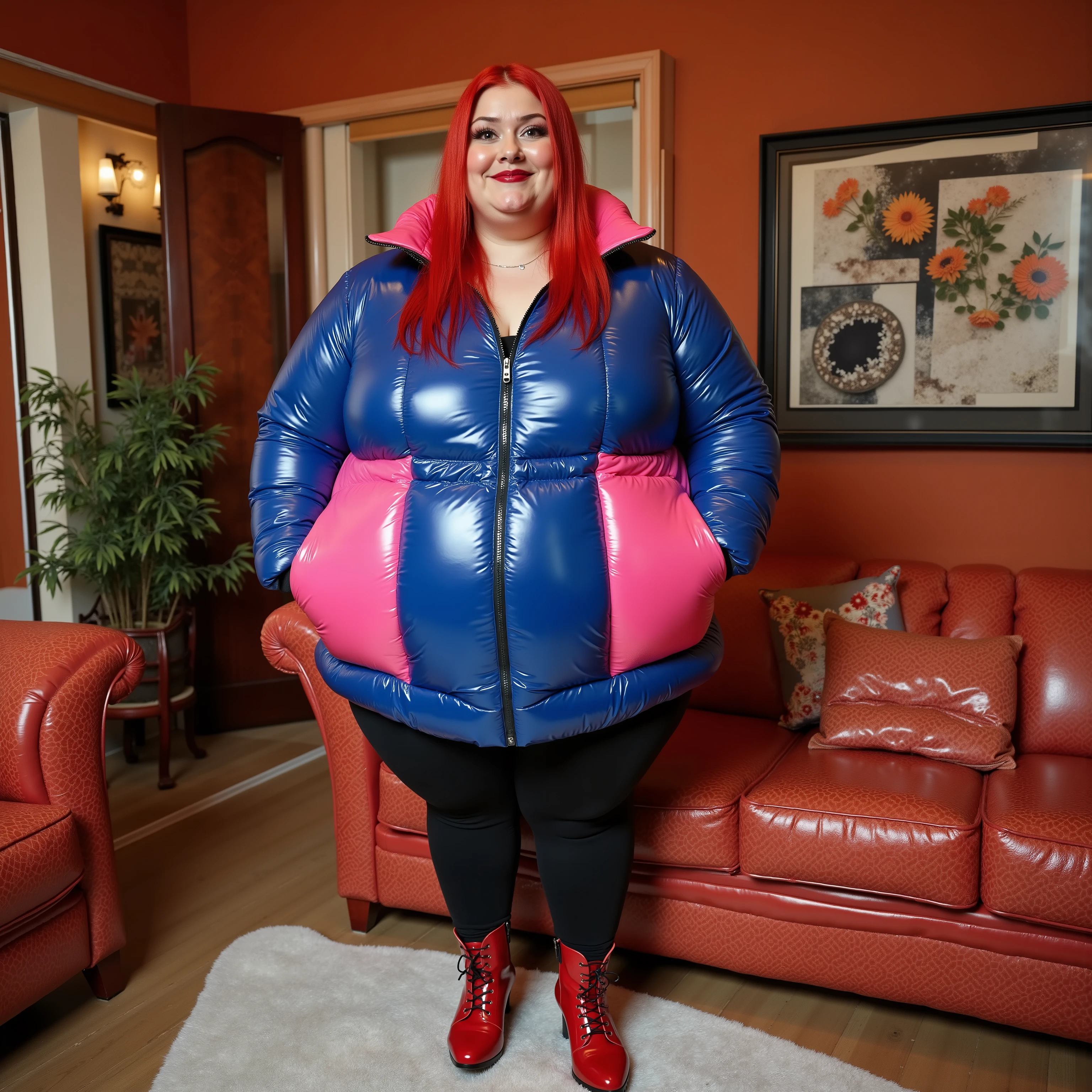 a 44 year old woman that is very overweight with large belly and thighs, wearing a blue and pink Colmar1260 made of latex, puffy latex design, wearing blue latex skirt, wearing black latex leggings, wearing red high heel shoes, in a hotel room made of onyx and andesite