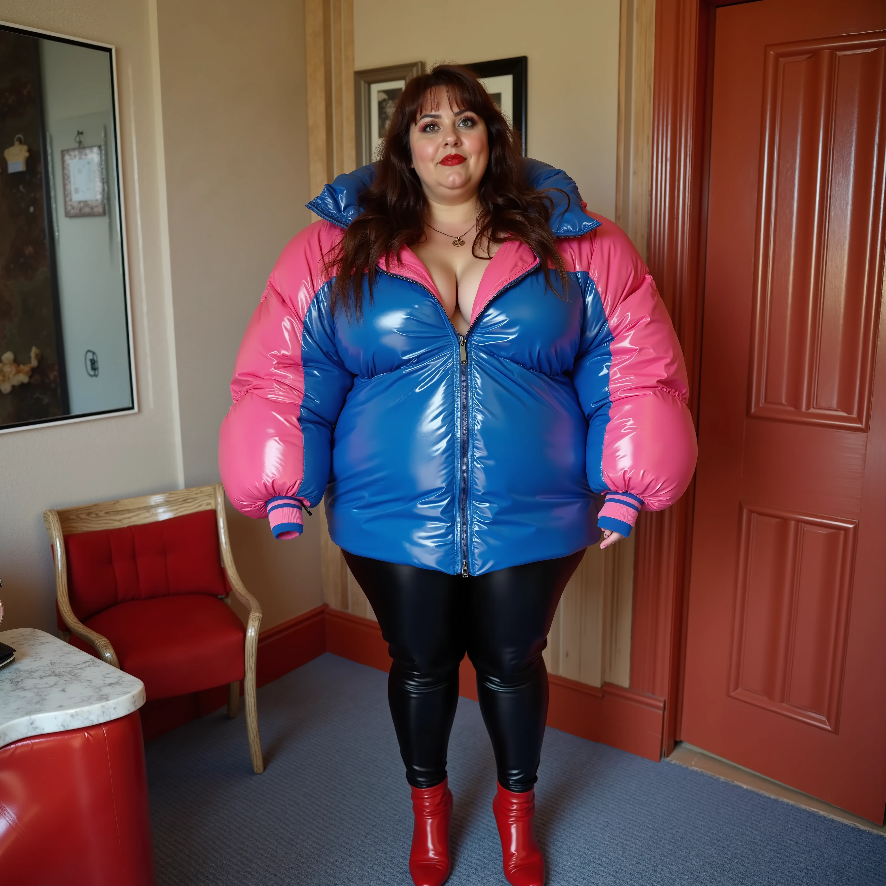 a 44 year old woman that is very overweight with large belly and thighs, wearing a blue and pink Colmar1260 made of latex, puffy latex design, wearing blue latex skirt, wearing black latex leggings, wearing red high heel shoes, in a hotel room made of onyx and andesite