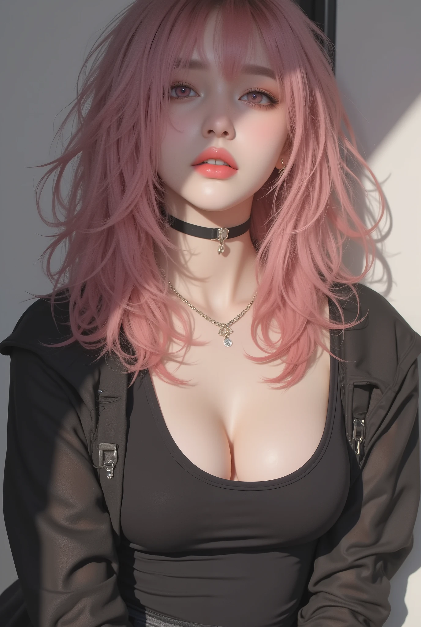 Photo Real、Realistic Skin Texture、tight cyberpunk fashion、Fluffy Shoulder-Length Hair、dim cyberpunk city、beautiful pink eyes、pink hair、thinウエスト、Beautiful Standing、Equipped on a Belt、thin、style is good、Shoulder-width is not wide、The waist is wide、My chest is slipping down medium size