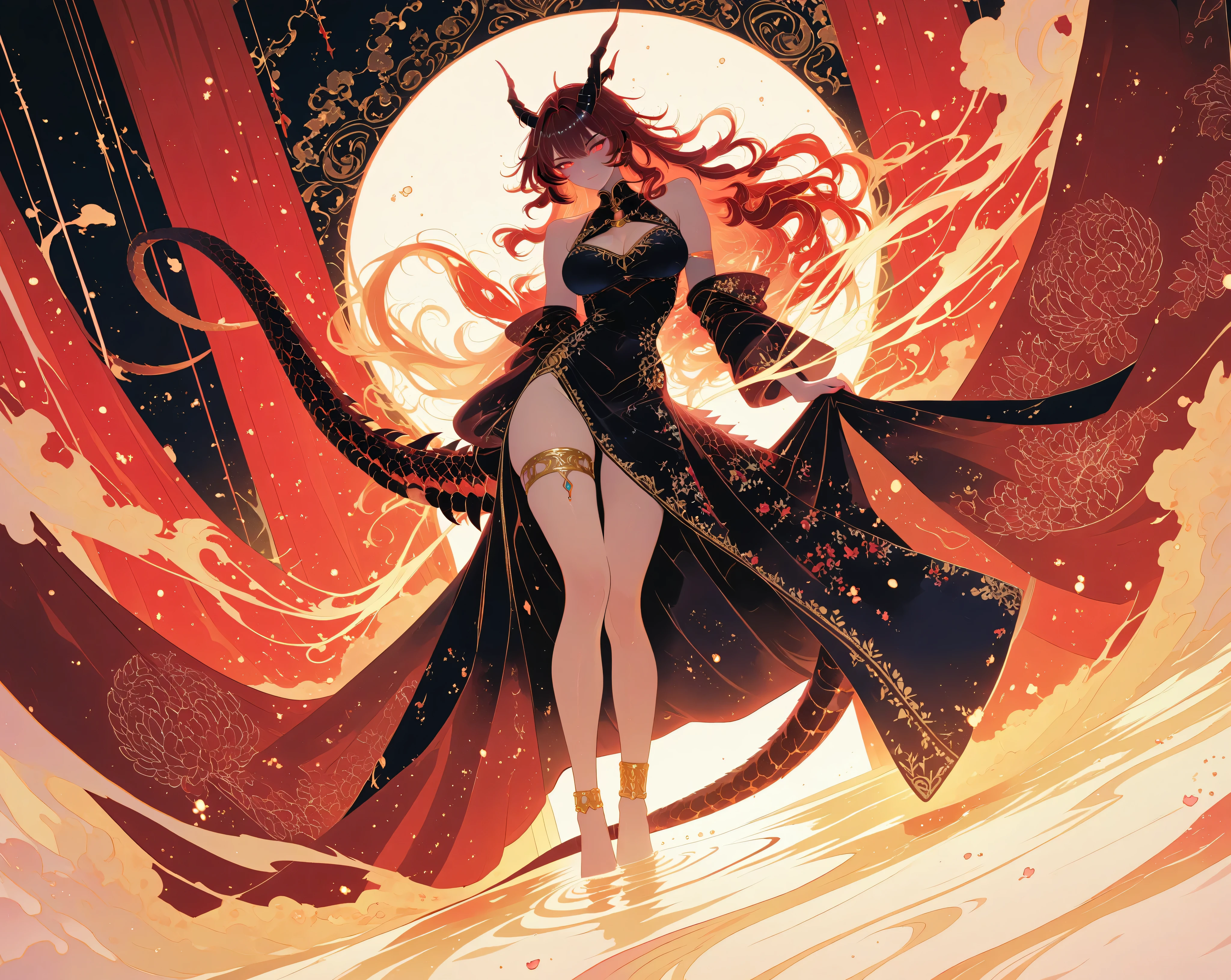 masterpiece, best quality, very aesthetically pleasing, high contrast, newest, sfw, 1 divinely beautiful dragon woman, Full body view, Dragonkin princess, stunning and graceful, long flowing crimson hair with black tips, glowing molten gold eyes with slit pupils, sleek curved black horns, soft pale skin with scattered ruby-red scale accents on thighs and shoulders, wearing a sexy yet elegant royal outfit—form-fitting red silk top with deep neckline and golden trim, sheer high-slit skirt revealing toned legs, gold thigh jewelry and ornate tail rings, barefoot or golden anklets, tail wrapped lightly around one leg, lounging in a sunlit royal chamber with soft curtains and velvet cushions, seductive pose, detailed lighting, ethereal atmosphere, ultra-detailed, soft glow, nsfw, SagawaStyle, dynamic pose, dynamic angle, dynamic composition, The next level is sophistication and refinement, super detailed, more texture