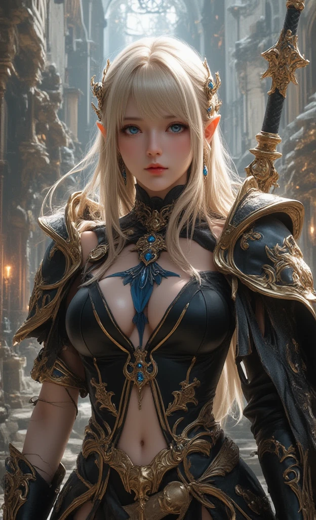 there is a woman dressed in a white and black outfit, elfo , elfo  princess, drow perfeito, drow, lindo drow, beautiful drow masculino, elfo  maiden, fedrow feminino elfa, beautiful elfo  countess, hahaha, Cavaleiro da morte, Ranger Drow, de um elfa feminina maligna, olhar maligno, maldade, terror, WHITE amor, raiva, hatred, nervosa, RAIVOSA, (), WHITE ARMOR, GOLDEN ARMOR, expression of fury, CABELOS VERMELHOS.