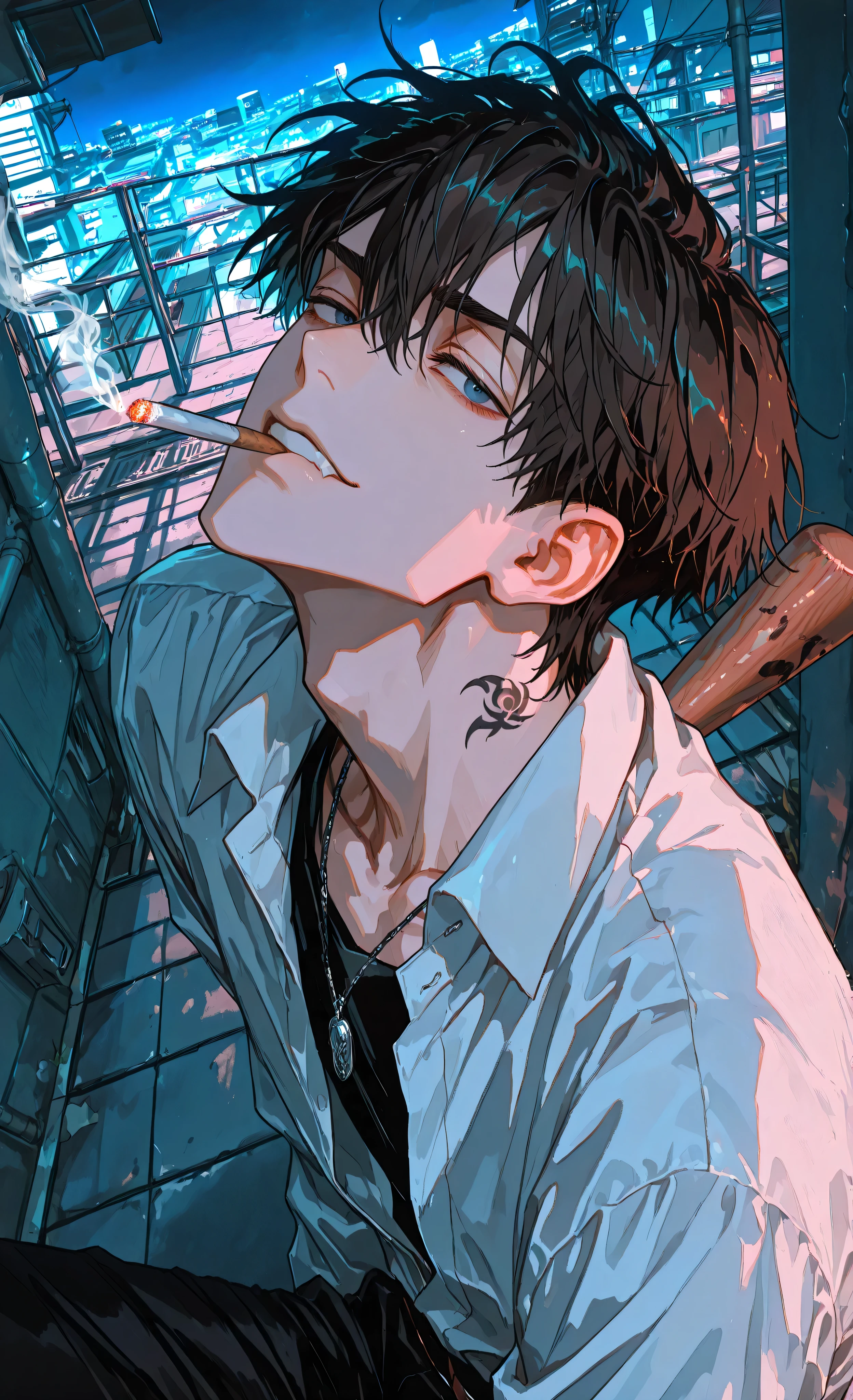 (a masterpiece:1.3, 8k:1.3, Highest quality:1.3, Detail:1.3, High resolution:1.3, digital painting, ultra detailed), highly подробные глаза and face, детальs are clear, верхняя подробные глаза, 8к, ультрадетальный), highly detailed eyes1.3(Bright eye color, almost glowing with madness) and face, Details are clear, (anime style, dark fantasy, male focus, the emphasis on the face, detailed illustration, intricate details, mysterious atmosphere, , a smirk,a cigarette in my mouth, smoke, ethereal, captivating ambiance, soft shadows, dark fantasy, pendant, dark color palette, dark fantasy, male, vibrant accents, cinematic lighting), DARK COLOR PALETTE, , кинематографическое освещение)He stands in motion, dynamic pose, looks up, the frame is taken from above., a menacing 18-year-old male school bully in a dynamic pose. He is wearing an unbuttoned school uniform shirt, holding a baseball bat resting on his shoulder. His eyes glow with manic intensity and a wild, arrogant grin. The scene is set on a school rooftop or alley right after classes. Dark, dramatic lighting, style of Tokyo Revengers and Jujutsu Kaisen, aggressive atmosphere, highly detailed face and expression, motion blur effect on the bat.