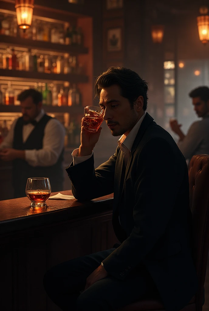 Dracula is sitting at a luxurious bar in Ginza, Tokyo, sipping a blood-red cocktail. The bar has a sophisticated and upscale ambiance, with dim lighting, elegant decor, and a well-stocked bar in the background. Dracula is dressed in a classic, tailored suit, exuding an air of mystery and charm. The red cocktail in his hand contrasts with the dark, moody atmosphere, creating a striking visual. The image is realistic with a cinematic quality, capturing the essence of a modern-day vampire in an elegant setting