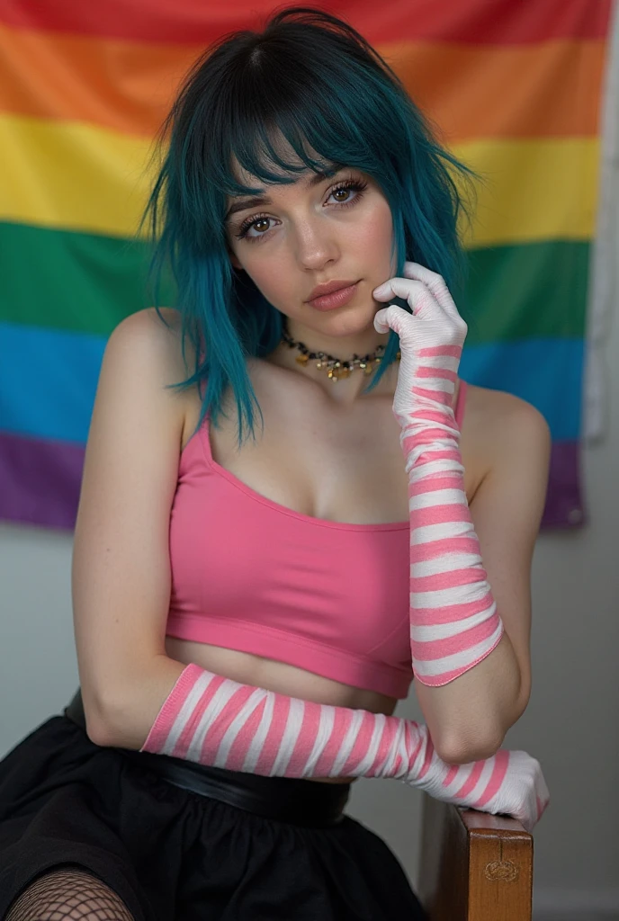 (masterpiece, best quality), 1girl, solo, (j4nu4ryj0n3s lying on back), (blmpony), (epiCRealLife), (underboobs), (half breasts), ((bulma_v1), (red lipstick), (aqua hair), (blue eyes), (young woman), (European model), (pink bulma_v1 shirt), (pink skirt), (pink pleated skirt), (pink hair ribbon), (aqua braided ponytail), (belt), (blue waist bag), (purple scarf), (bulma_v1 clothes writing) , (wrist gloves), ( brown leather gloves), (medium breasts), (bulma_v1 pink skirt),(light smile), (lying on the bed), (close up), (planters), (in a bedroom), (flash photography)