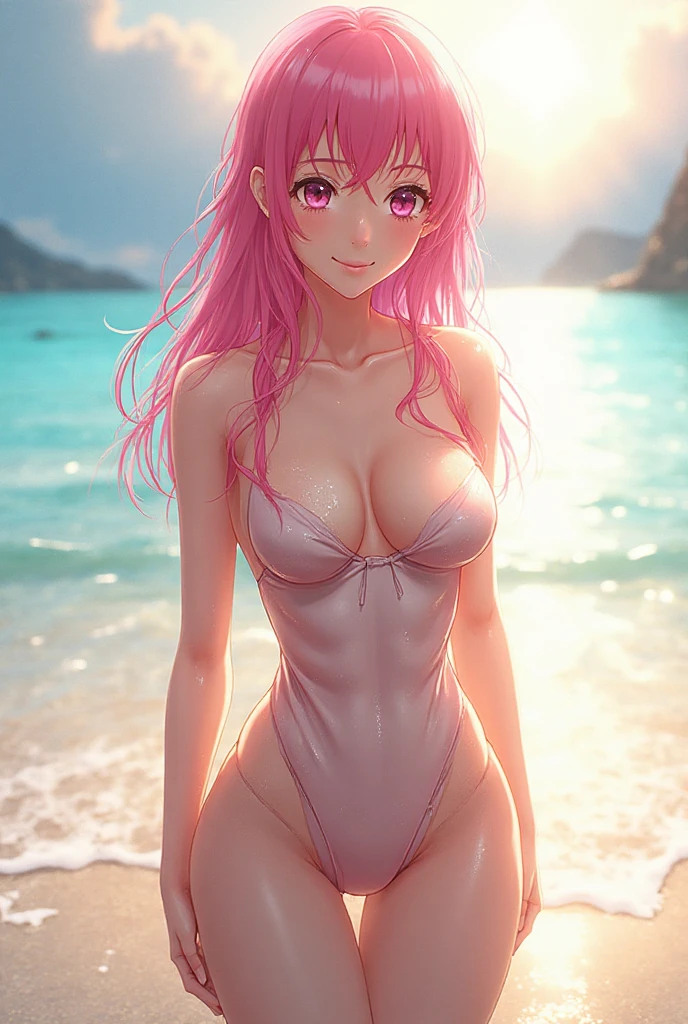 (high resolution, upper body, soft skin:1.2),(best illustration,masterpiece:1.2),ultra-detailed,[(cat ears ,pink inside:1.2),vivid colors,sharp focus,portrait,misty lighting,bokeh, wearing a purple ??????, sandy pier, misty morning, smiling, sitting on the rocks 