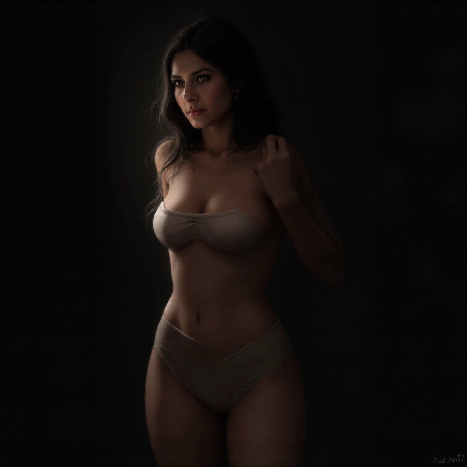 RAW photo,dark,moody,35mm focal lenght,underexposed,cold,candid photograph,artistic perspective,full body,photo of a beautiful,influencer,45yo Kurdish woman, detailed skin,naked, looking away from viewer, thick body structure,grey background,no background, candid pose,dim room,blue light, film grain, kodak color, instagram LUT