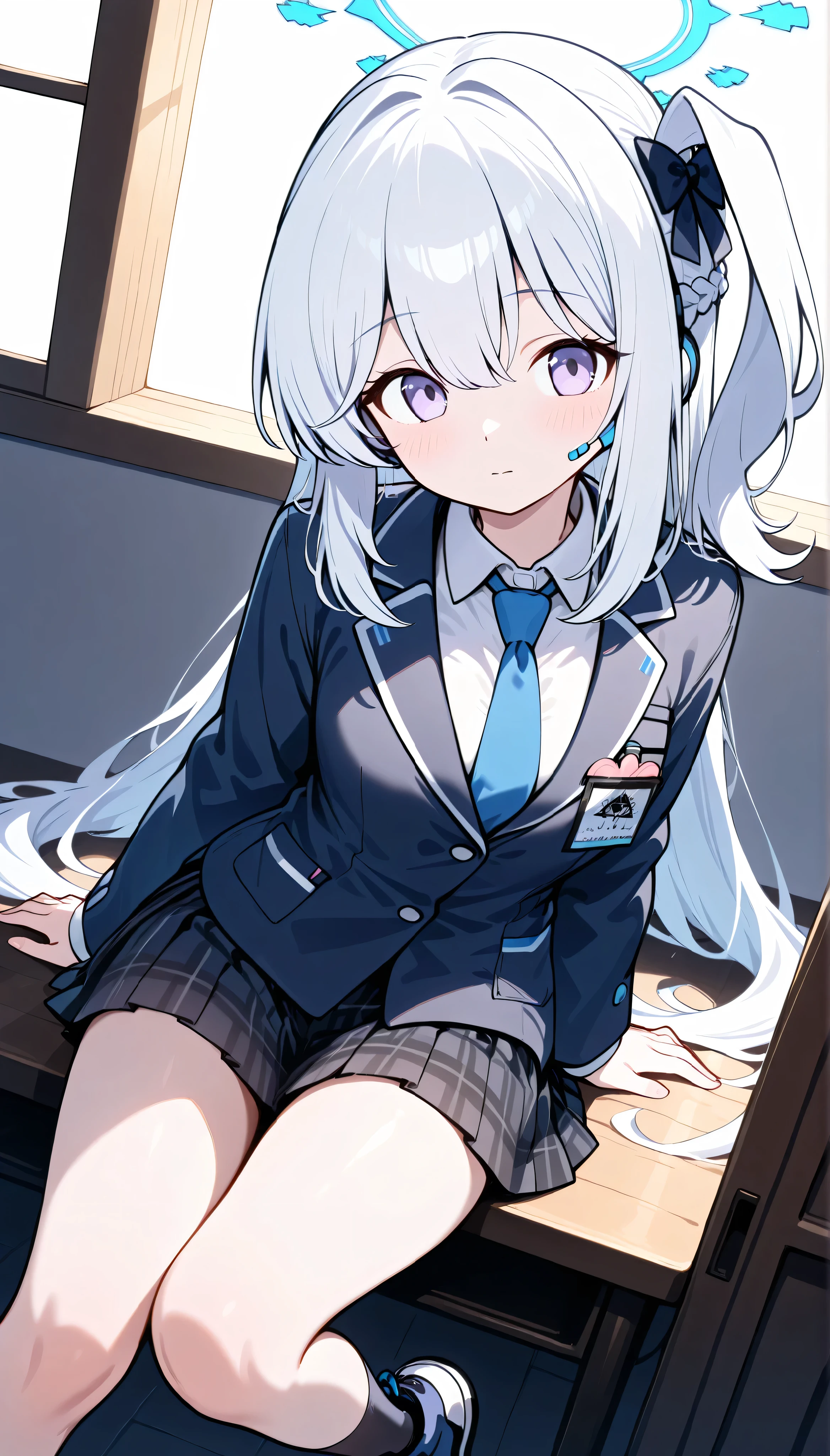 miyako (blue archive),purple eyes, white hair,long hair,one side up,halo,medium breasts,　solo, I can see my eyebrows from the inside of my hair, hair between eyes,　 masterpiece, Best Quality, very aesthetic,  school uniform,black blazer,pleated skirt,plaid skirt,necktie,sneakers