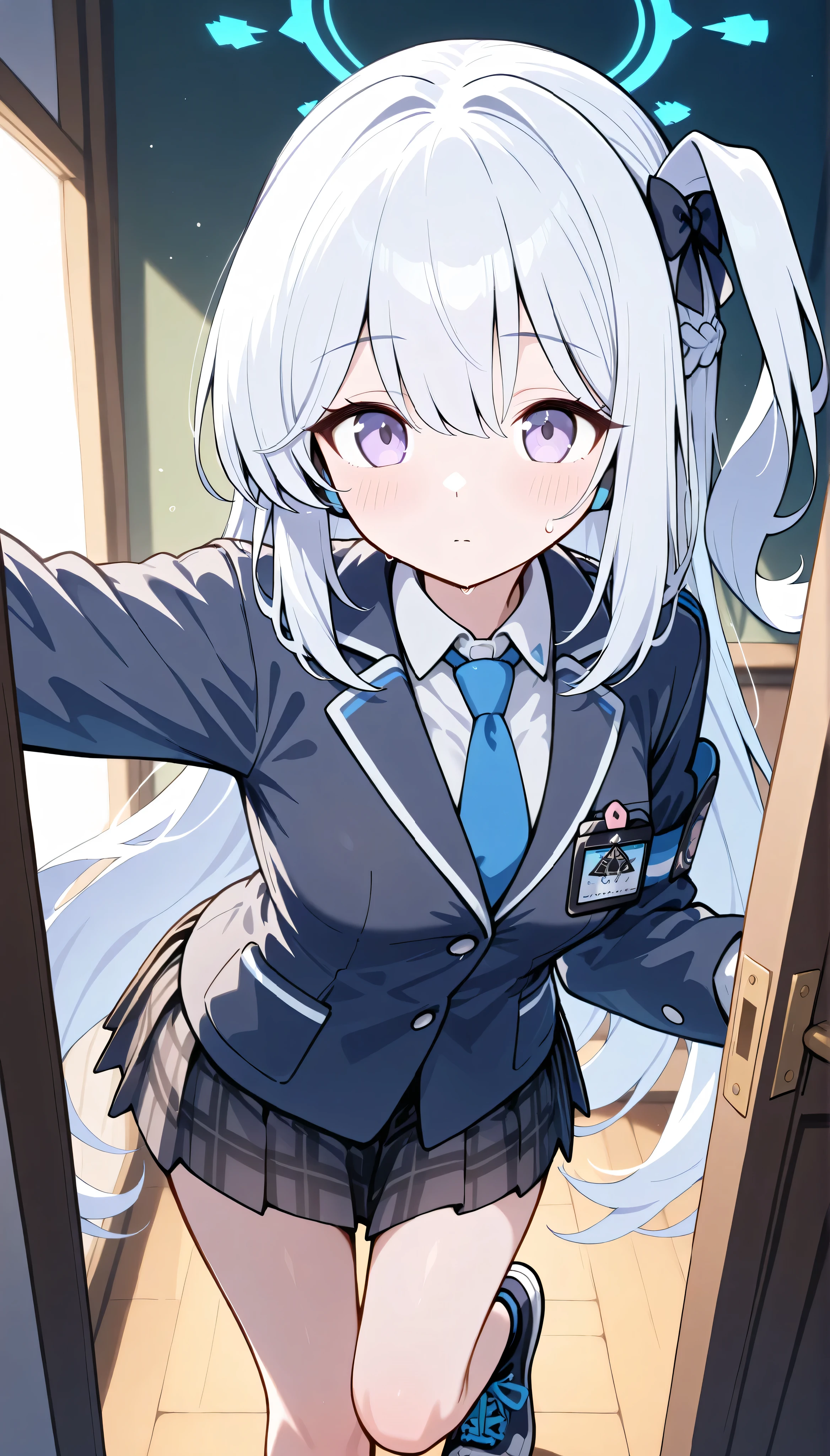 miyako (blue archive),purple eyes, white hair,long hair,one side up,halo,medium breasts,　solo, I can see my eyebrows from the inside of my hair, hair between eyes,　 masterpiece, Best Quality, very aesthetic,  school uniform,black blazer,pleated skirt,plaid skirt,necktie,sneakers