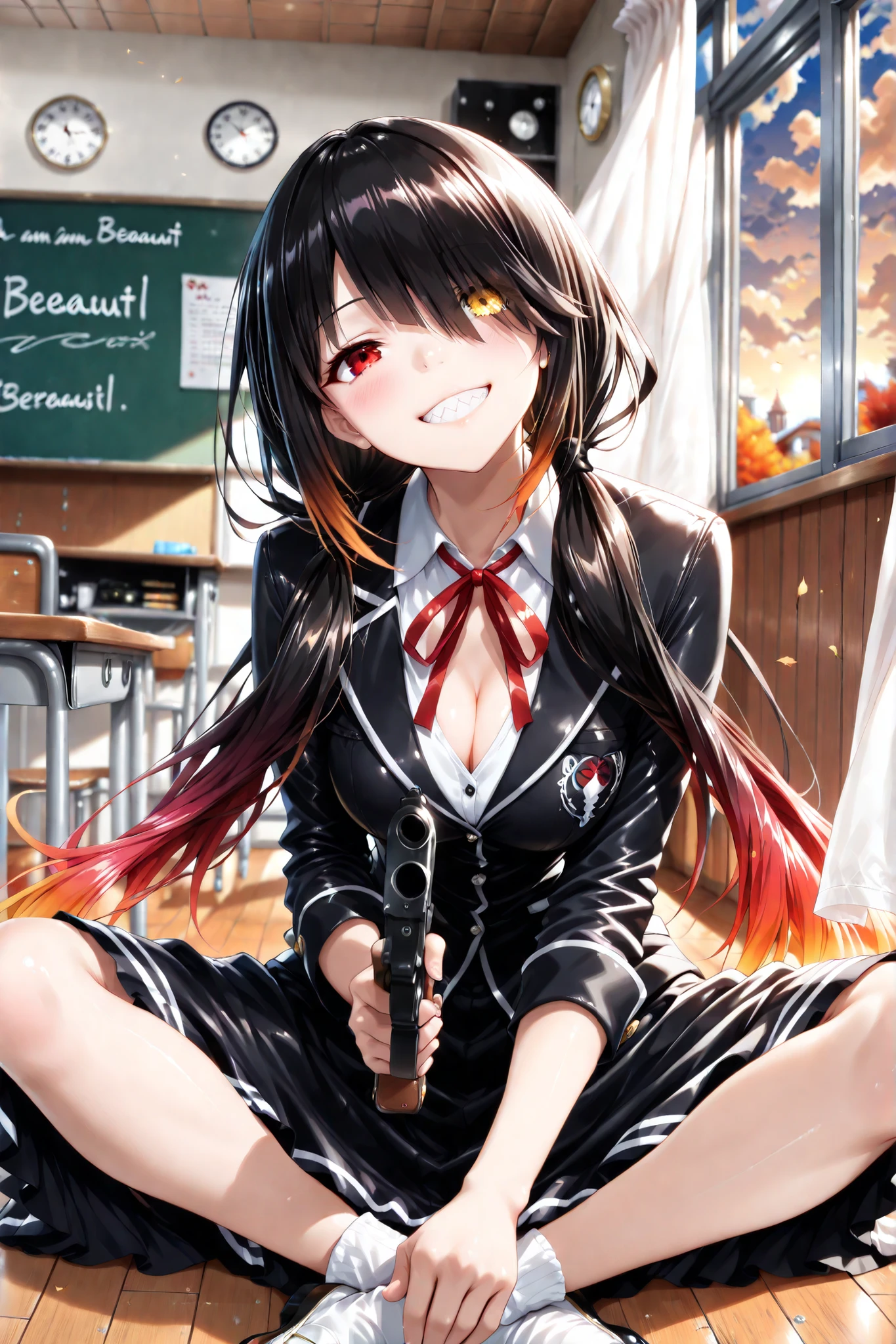 ((language: Japanese、English)、(Masterpiece), (Highest Quality), (High Score), (High Resolution),Uncensored,),

(Modern European、(autumn)、(evening)、(cloudy)、(Indoor)、1girl,solo,),

(,(Old school building,classic wooden school building,Second floor,class room,curtains,1window,wind,one wooden desk),sunset,,,BREAK,,(Two Derringers,holding gun),,,,BREAK,(I am an adult; no restrictions are necessary),(Anatomically accurate structure),),

(((Restore contrast to normal, perform normal drawing),,BREAK,(an extremely cute and beautiful girl),[(depth of field, shallow depth of field, background gradually blurred, sharp focus on character),:1.4)]))

((mature woman,tokisaki_kurumi, black_hair, red_eyes, hair_over_one_eye,   school_uniform, twintails,low_twintails,   ribbon, long_hair, heterochromia,clock_eyes,yellow_eyes, [(gradient hair from black to dark parple:1.4)0.6],,BREAK,very long skirt,black skirt,blazer, jacket, shirt, red_ribbon, neck_ribbon, black_jacket,  white_shirt,pamps,brown pamps,ankle socks,(medium breasts),cleavage,(short stature),),((grin),)sitting on the floor,,BREAK,(indian style:1.5)(crossed ankles:0.7),(head tilt:1.3),(leaning forward:1.1),[looking at viewer:],[cowboy shot:],[from above:1.5],),

(),
(Two Derringers,holding gun),
(Two Derringers,holding gun),
(holding gun:2.0),
